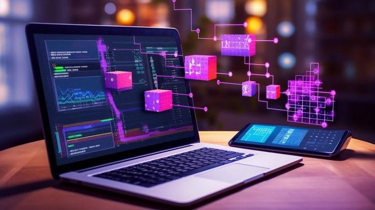 computer programming visual effect, laptop and smartphone on a table