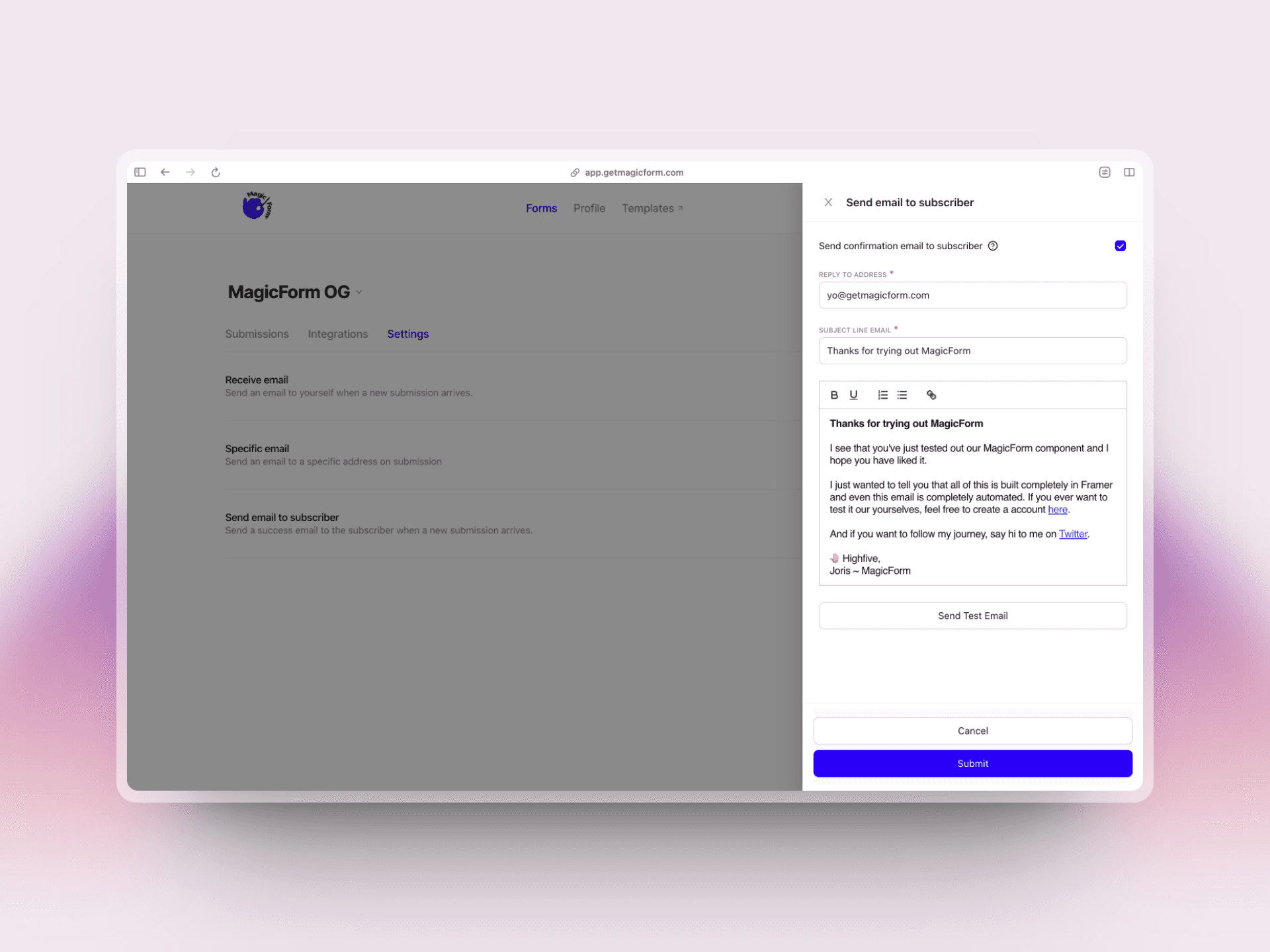 framer forms automated custom emails