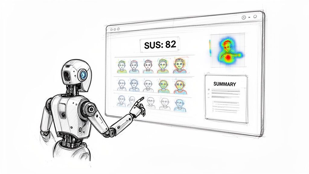 An illustrative sketch of a robot pointing at a computer screen displaying SUS score, user profiles, and a heatmap.