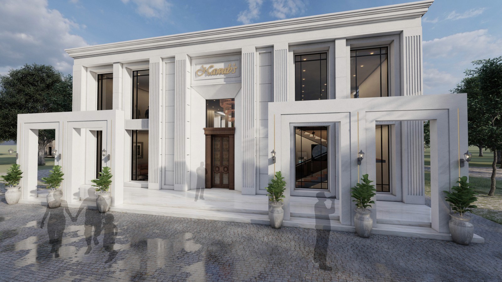 Nawab's Restaurant is a neoclassical-inspired dining space in Gujrat, Pakistan, designed by Saud Architects — combining classical façade detailing and warm interior character with a contemporary architectural approach.