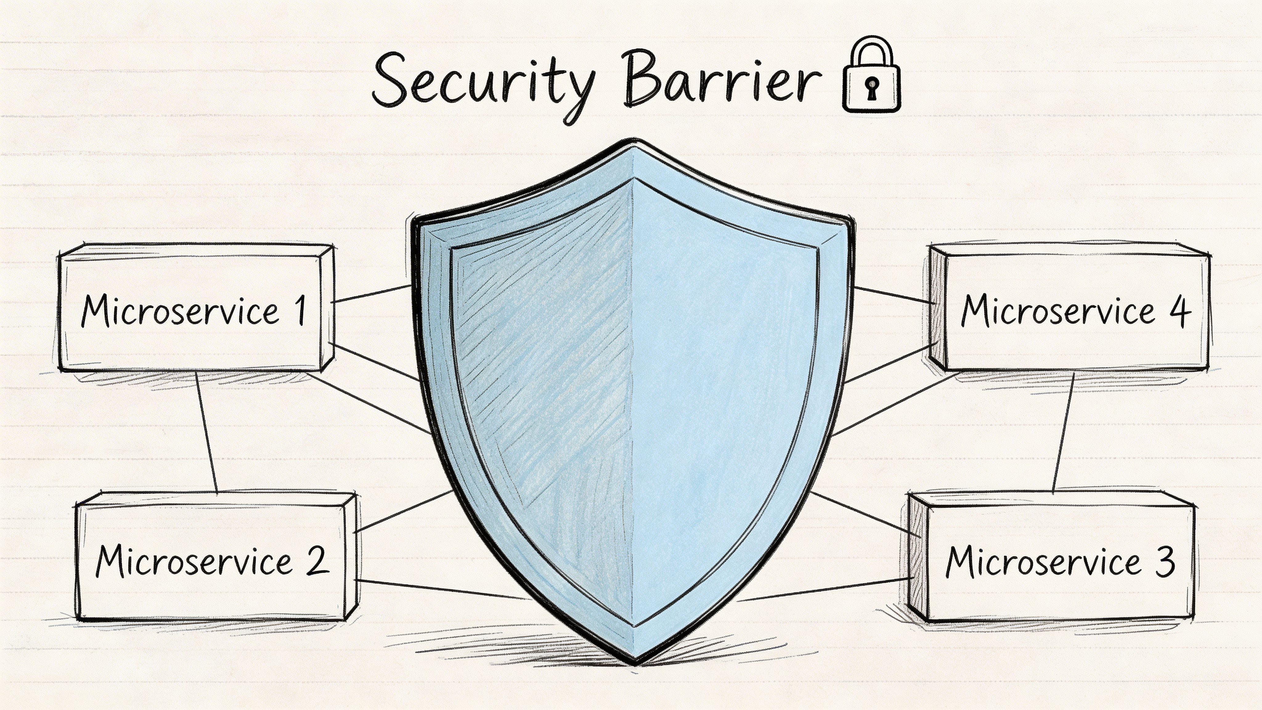 A diagram illustrating a security barrier protecting four distinct microservices in a network architecture.