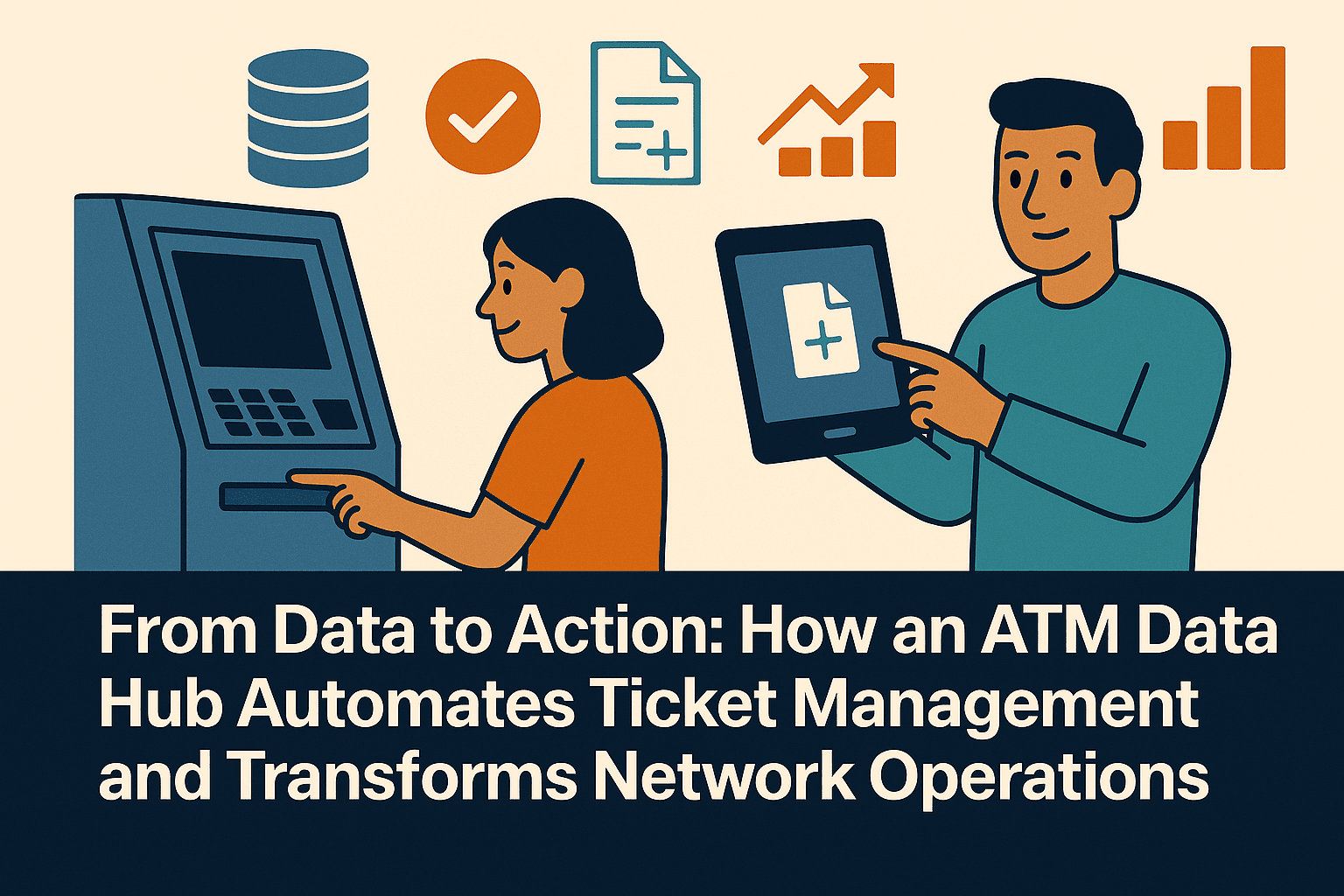 Flat-style digital illustration showing a woman interacting with an ATM while a man beside her holds a tablet displaying a document icon. Above them are data-related symbols such as a database, checkmark, document, and upward-trending graphs. The background is light beige with navy, orange, and teal tones, and the bottom navy-blue bar features the blog title in bold white text: ‘From Data to Action: How an ATM Data Hub Automates Ticket Management and Transforms Network Operations
