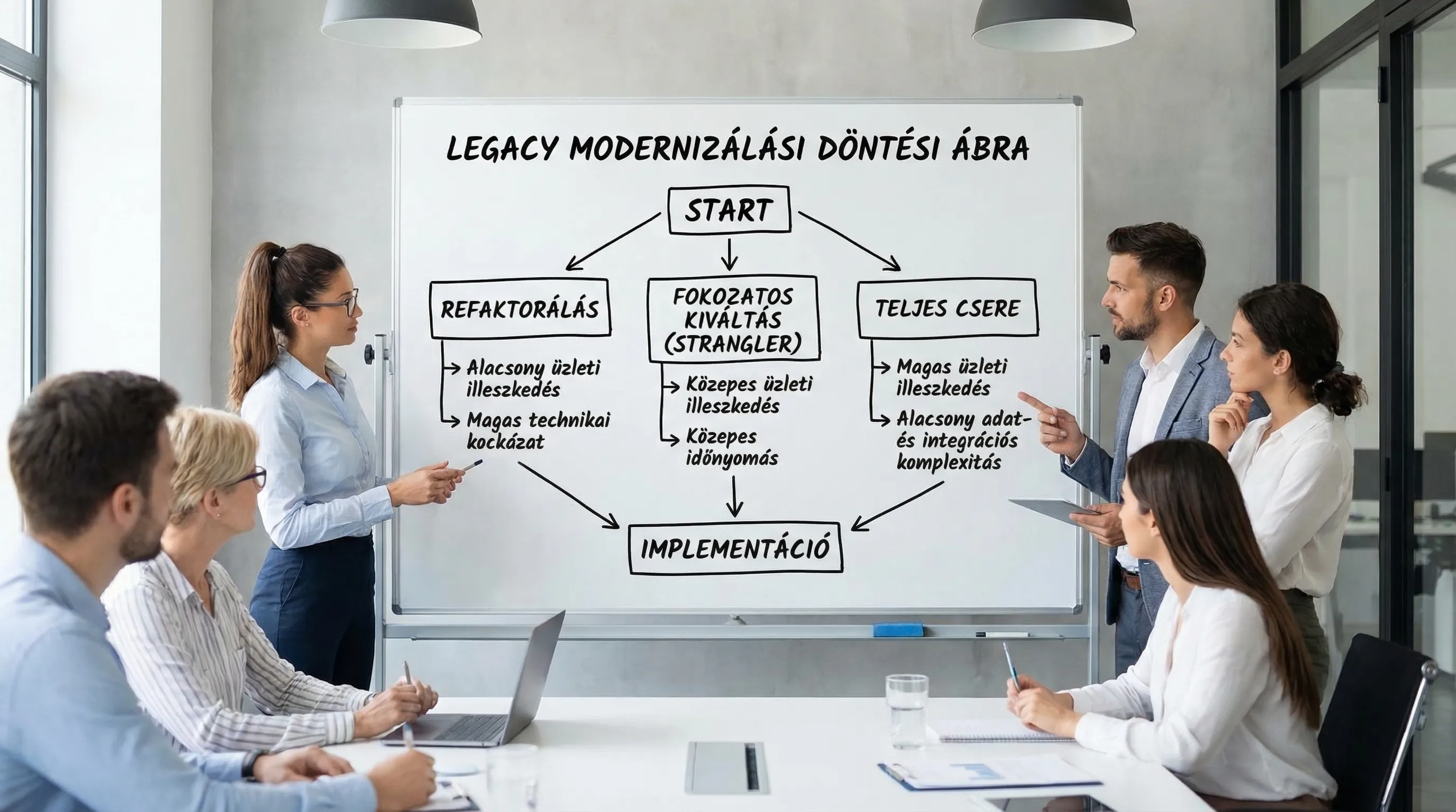 Egyszerű döntési ábra a legacy modernizáláshoz: bal oldalon refaktor, középen fokozatos kiváltás (strangler), jobb oldalon teljes csere. A döntési pontok: üzleti illeszkedés, technikai kockázat, időnyomás, adat- és integrációs komplexitás.