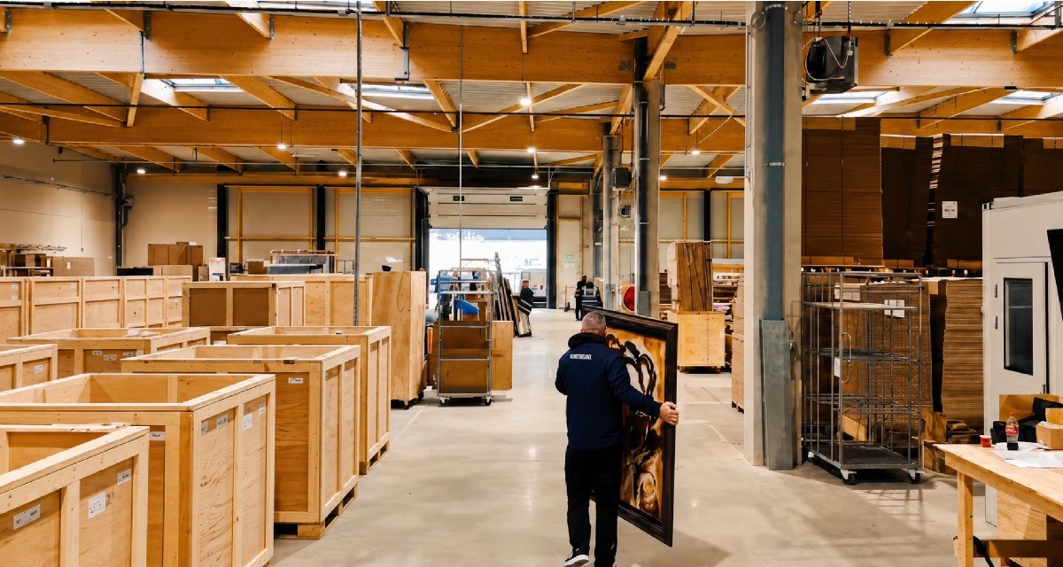 A professional art handler carefully moving a large framed painting through a spacious warehouse filled with custom-built wooden shipping crates for high-value logistics.