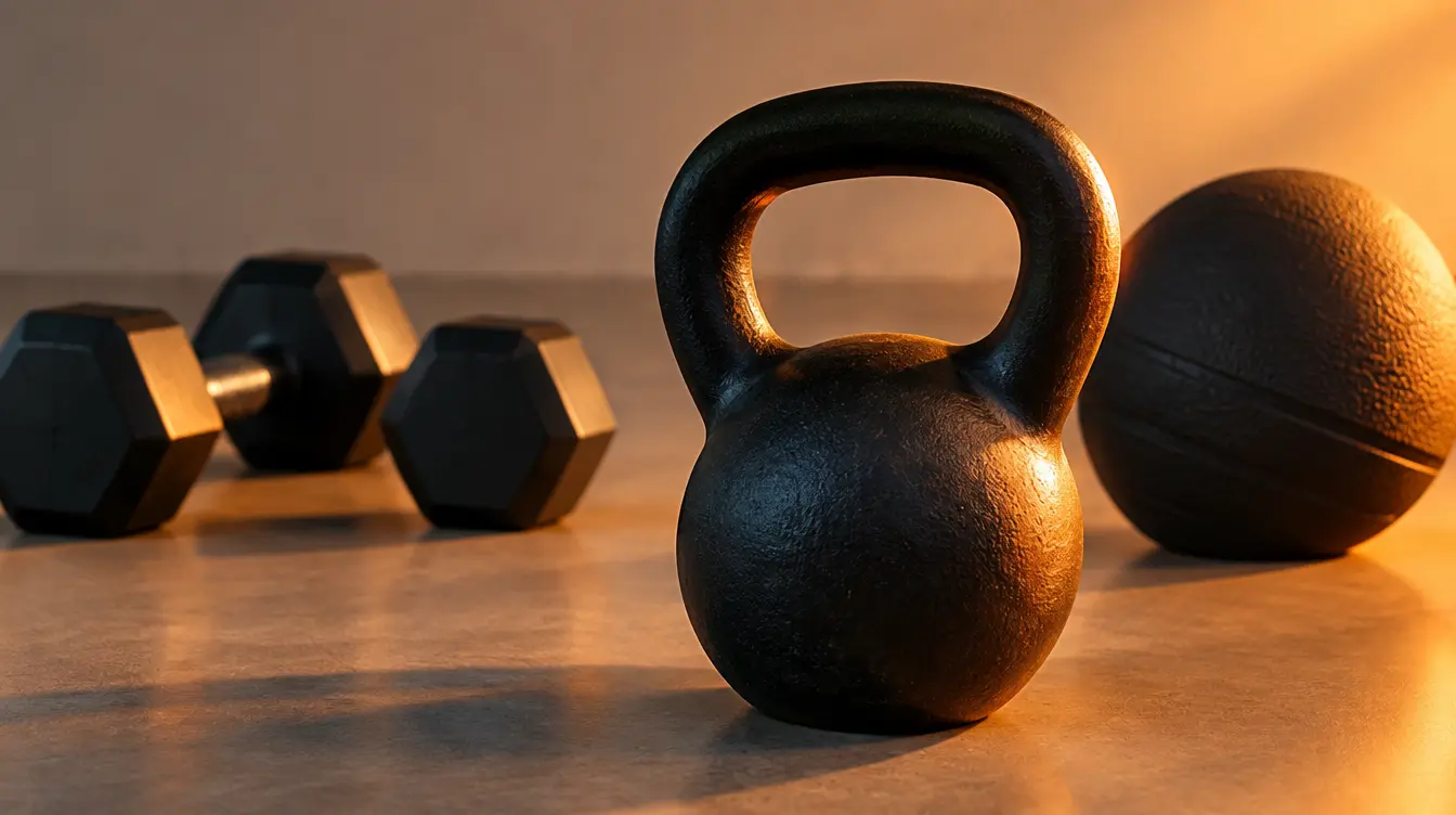 Close-up of training equipment on a clean studio floor with warm side light