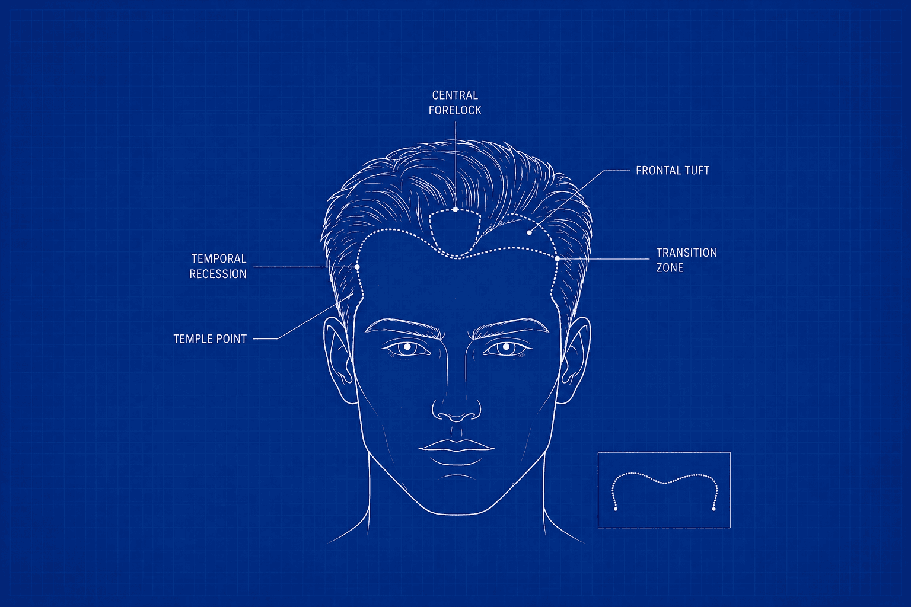 Blueprint-style front view diagram of a male head showing the main anatomical zones of a natural hair transplant hairline, including the central forelock, frontal tuft, transition zone, temple point, and temporal recession.