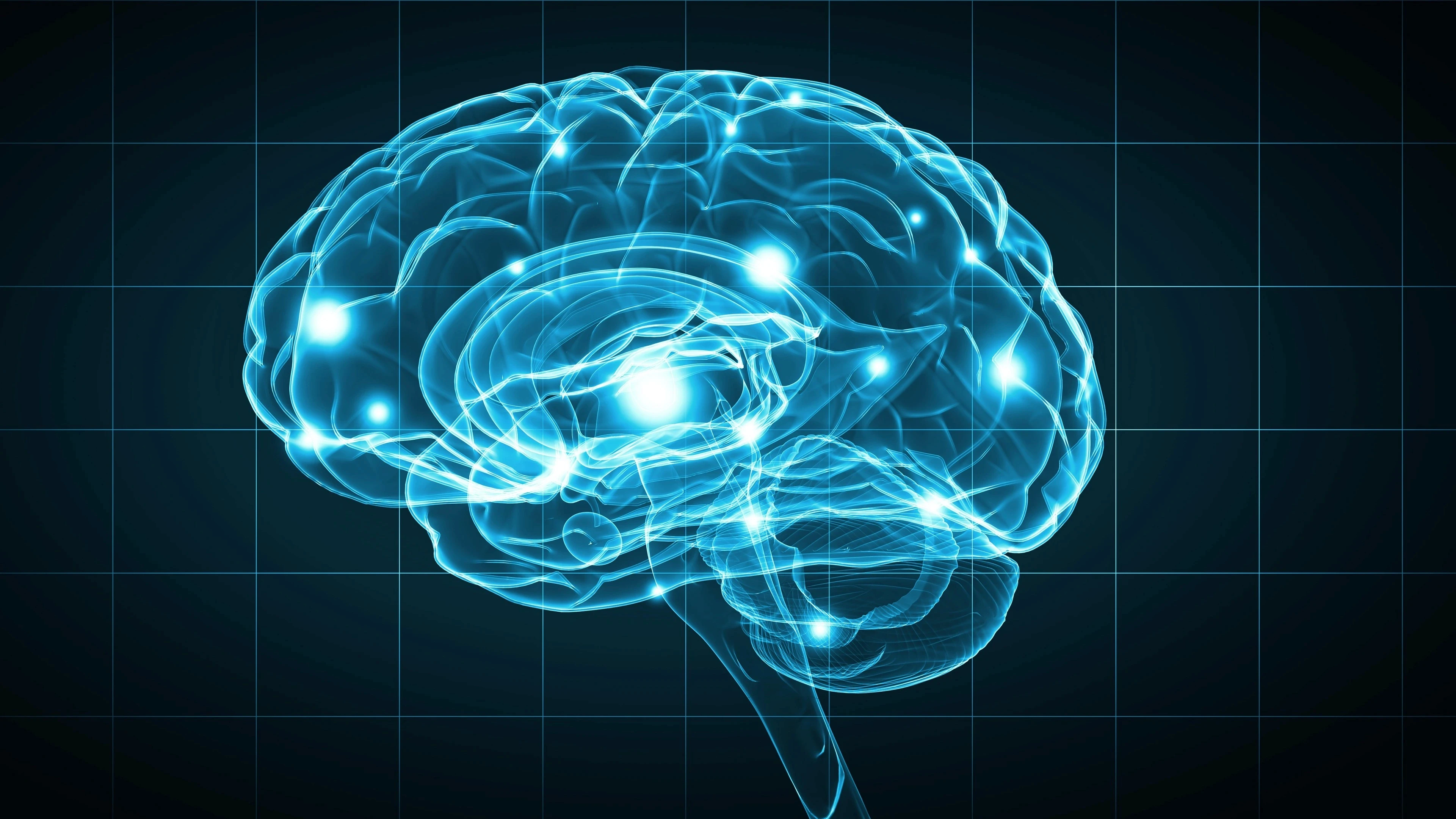 Digital illustration of a glowing human brain with neural connections, representing artificial intelligence, neuroscience, or brain activity on a tech grid background.