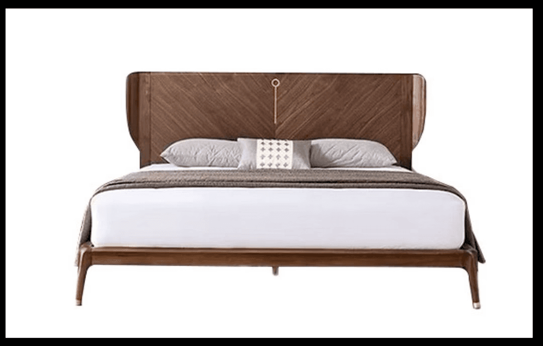 V-groove wooden bed with brass center detail.