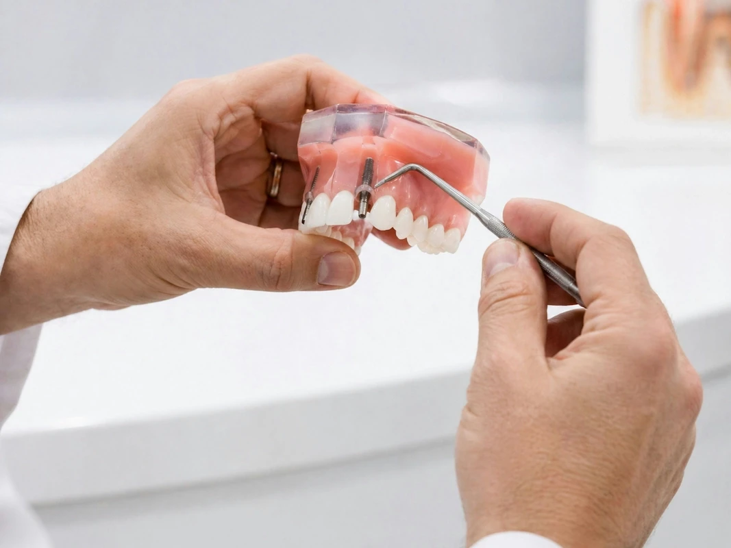 The doctor holds a model of the teeth in his hands, one implant has been inserted, only a screw, no teeth are attached, and he examines it with an instrument
