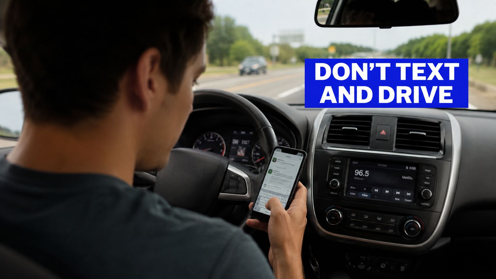 A driver dangerously distracted by their smartphone while operating a vehicle on the road.