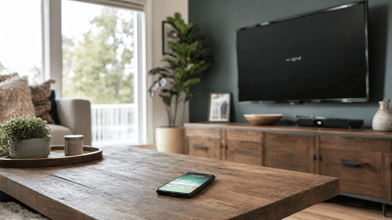 	A phone on a coffee table with a wall-mounted TV showing no signal in a bright teal living room