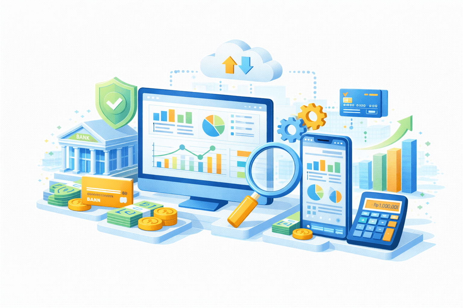 Ilustrasi integrated financial analytics & secure banking ecosystem. Di tengah terdapat dashboard analitik pada monitor dengan grafik batang, garis, dan pie chart. Di kiri terlihat gedung bank dengan perisai hijau bertanda centang (keamanan & kepatuhan), kartu bank, uang tunai, dan koin. Di kanan terdapat smartphone dengan dashboard serupa, kalkulator bernilai rupiah, roda gigi (otomasi), serta panah tren naik. Di atas, cloud dengan ikon upload/download menandakan sinkronisasi data. Kaca pembesar melambangkan audit/monitoring. Visual menggambarkan analitik keuangan omnichannel yang aman, terintegrasi, dan berbasis data.