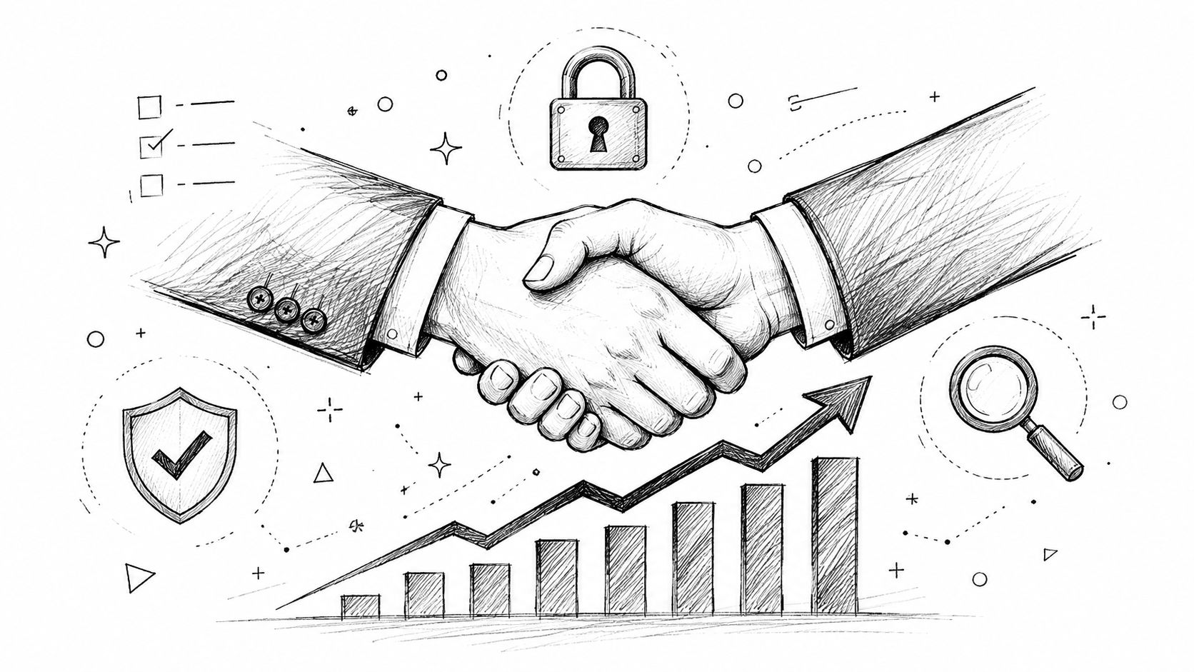 A hand-drawn illustration showing a business handshake with security, growth, and analytics icons representing professional services.