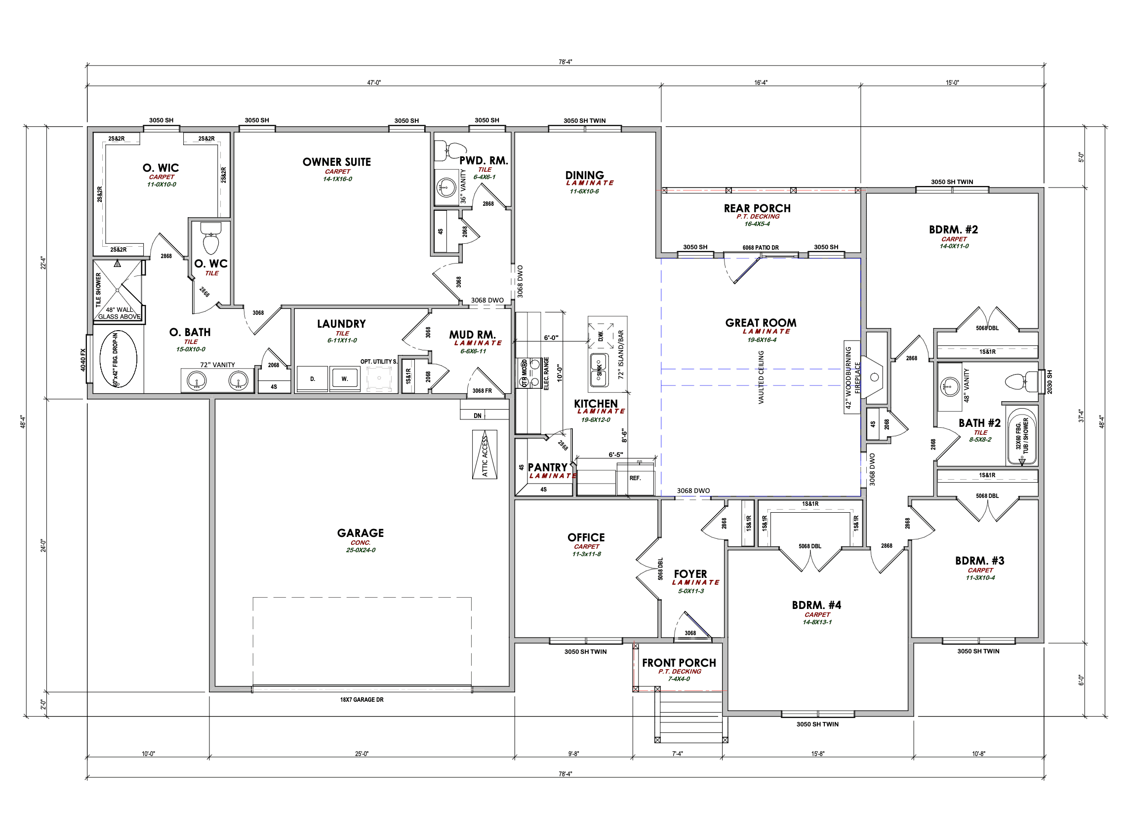 4 bed, 2.5 bath custom home floorplan