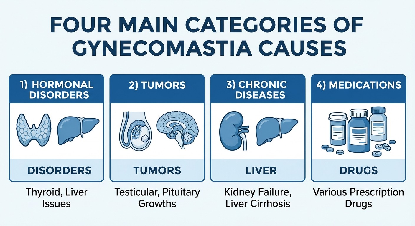Four main pathological categories causing gynecomastia in males