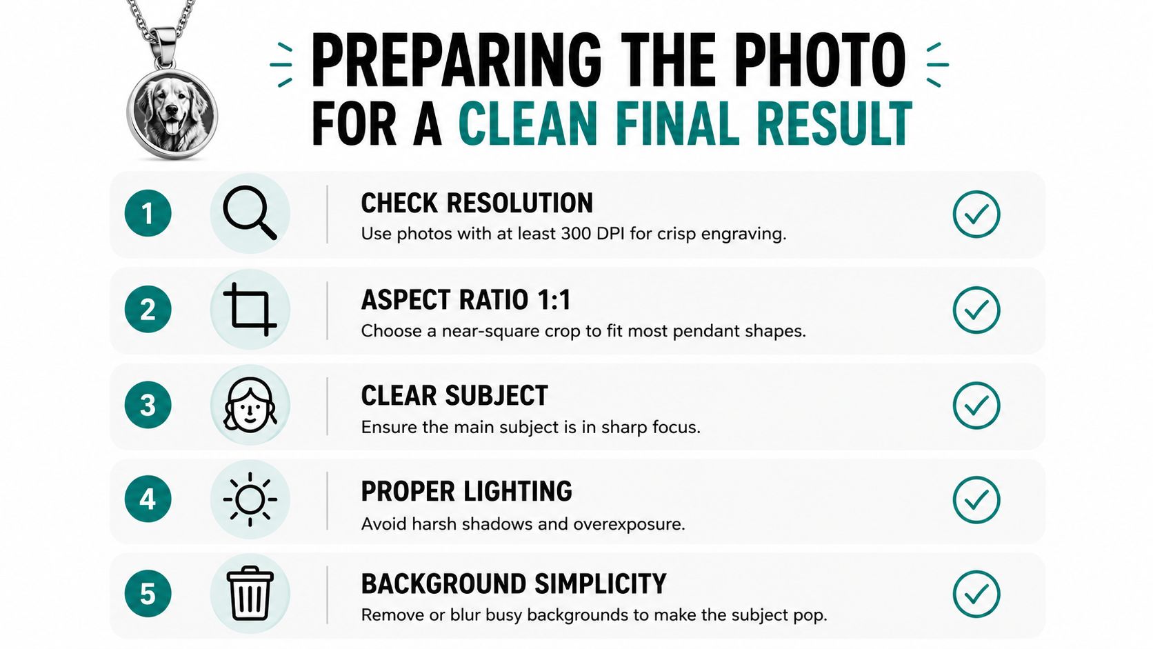 A guide infographic showing five tips for preparing photos for engraving on a custom photo pendant.