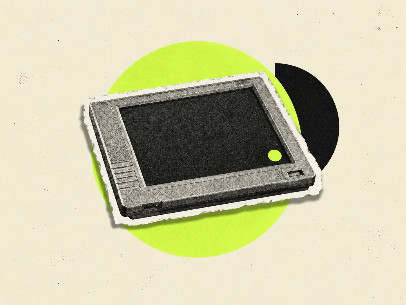 Tablet vintage sobre círculo verde, com um botão redondo no canto da tela: o chat com IA dentro do app SaaS