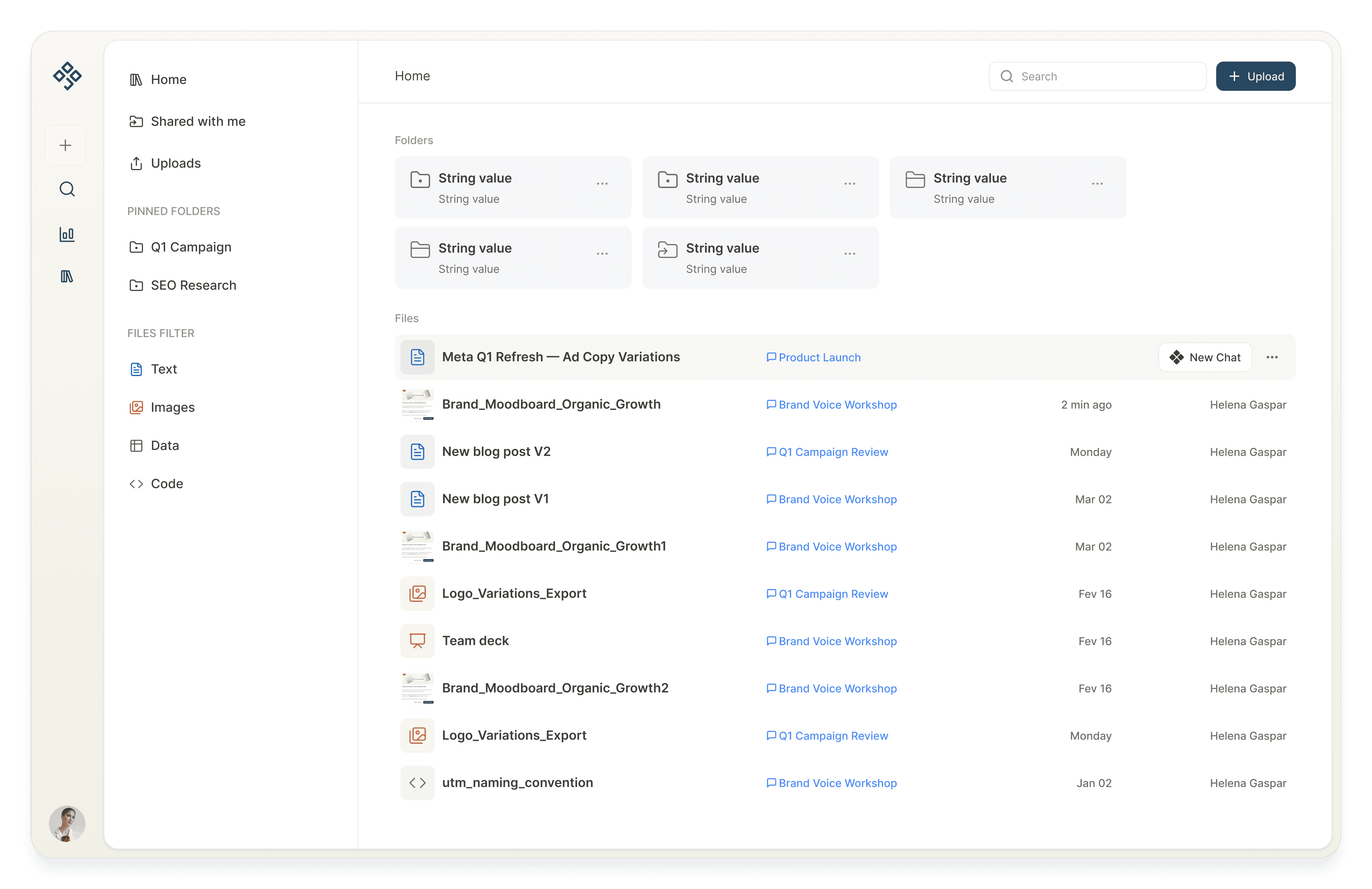 "Strategic Content" DOJO AI content library interface showing folders, file filters, and a list of marketing assets including ad copy variations, brand moodboards, blog posts, and logo exports, organized by campaign and tagged with workflows like Brand Voice Workshop and Q1 Campaign Review.