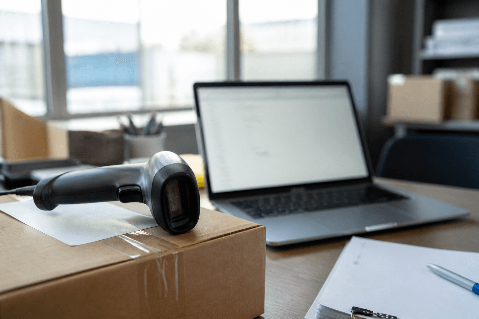 A barcode scanner resting on a parcel beside a laptop on a logistics desk