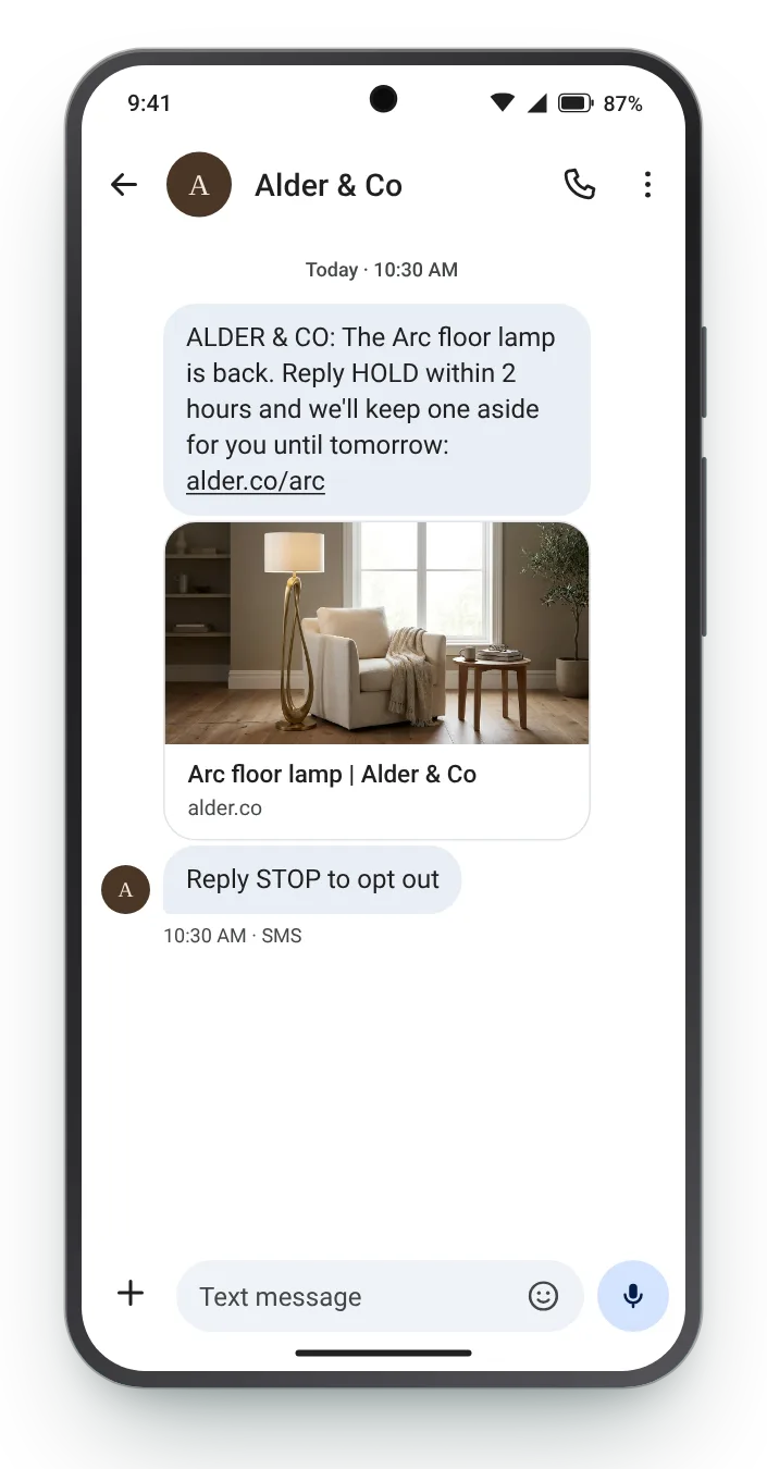 Reply HOLD to keep one aside back in stock text on an Android phone