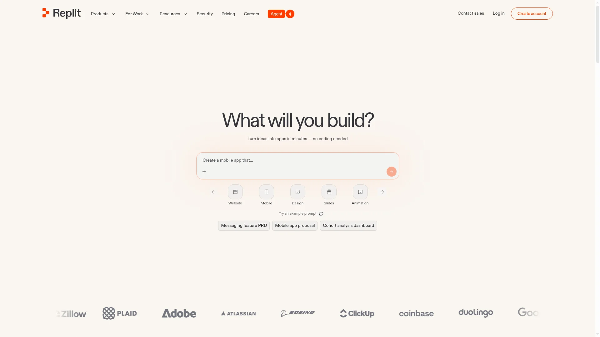 Replit homepage showing the browser-based cloud development platform and Replit Agent