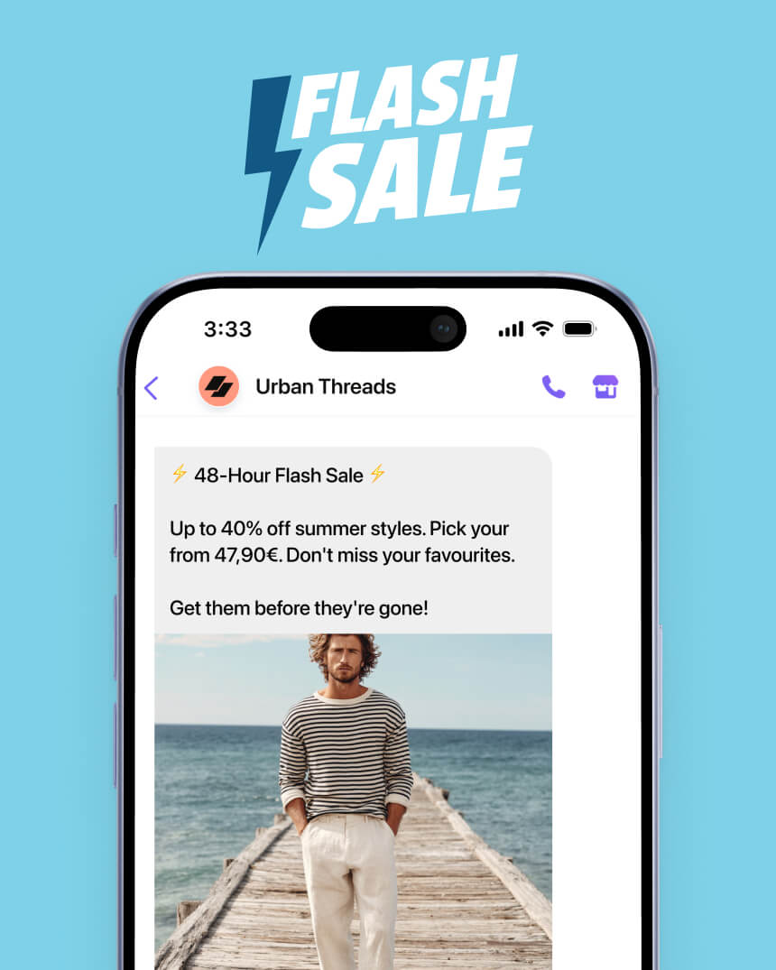 Viber messaging campaign showcasing a flash sale message, targeting men, from a fashion and apparel e-commerce store.