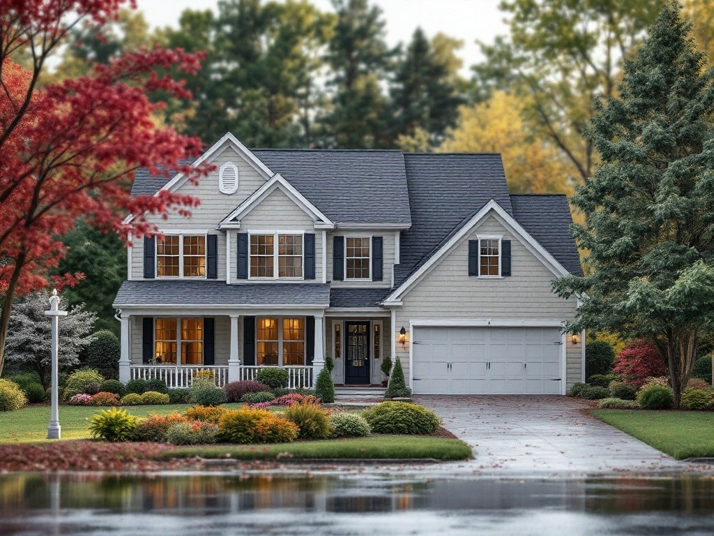 A two-story house with a gray roof and white siding sits on a manicured lawn. The house has a two-car garage and a porch with white columns. The lawn is surrounded by colorful trees and shrubs. A pond reflects the house and trees.