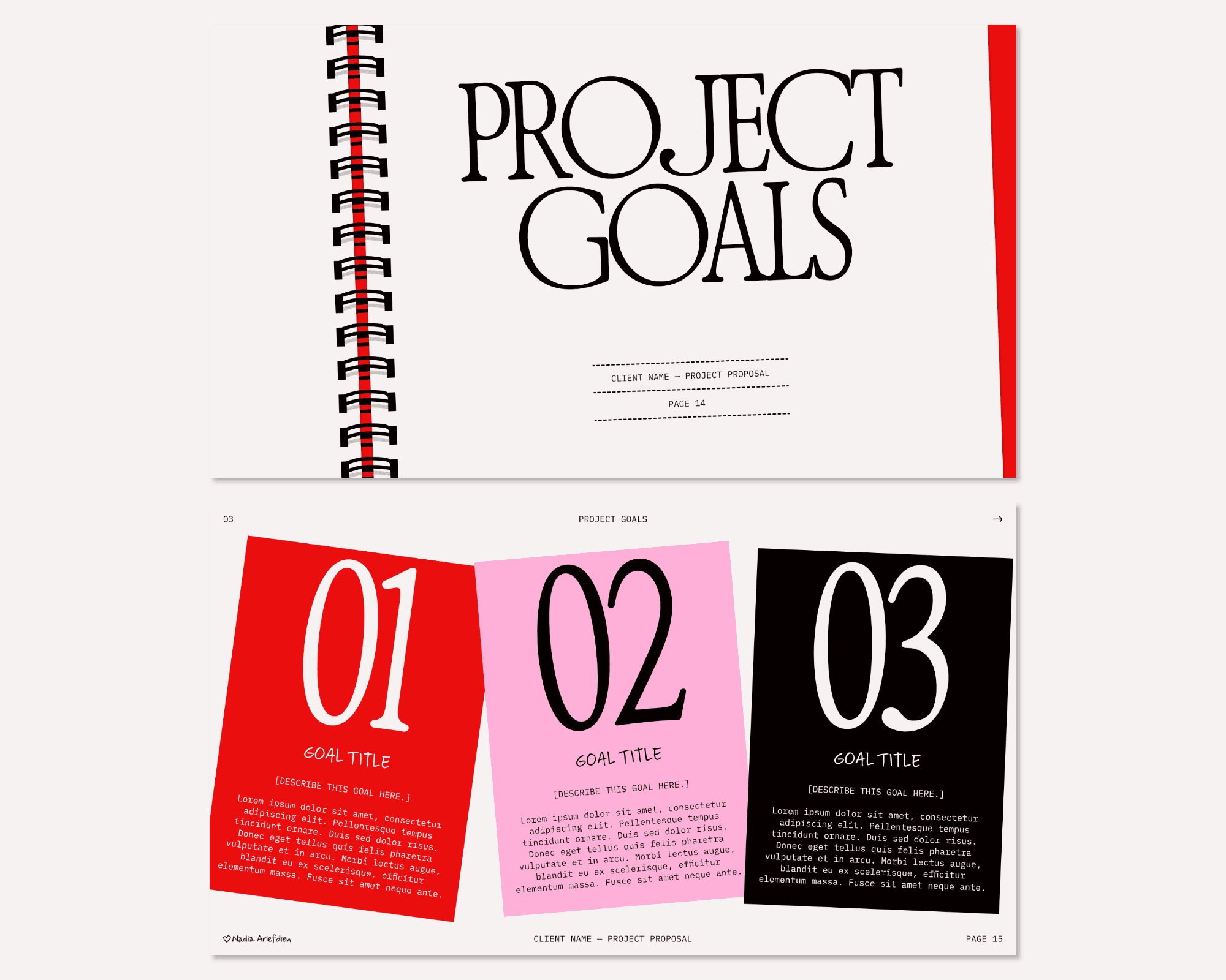 Two pages from Nadia Ariefdien's Project Proposal Presentation Template.