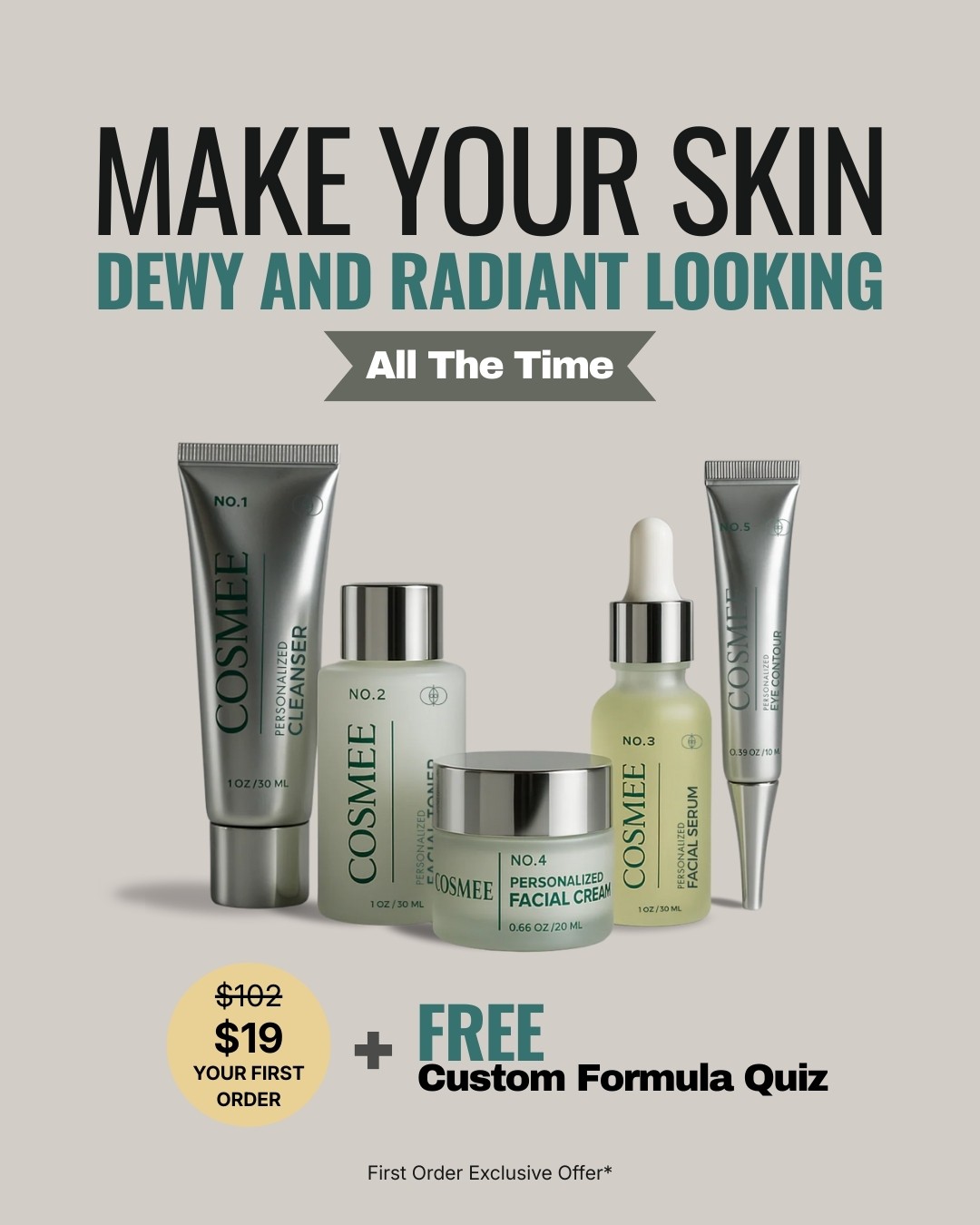 Creativo para campaña de Meta Ads de COSMEE destacando productos de skincare personalizados para lograr una piel luminosa y radiante todo el tiempo.