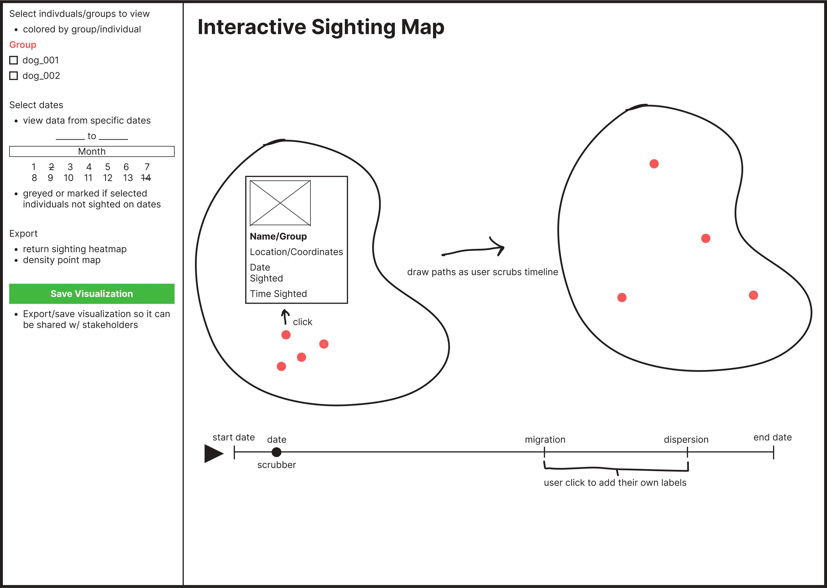 A sketch of an interactive map that can be scrubbed like a video to view animal spottings over time in a certain area.