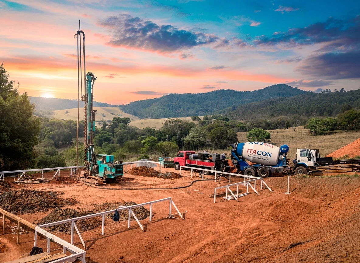 Canteiro de obras em terra vermelha em área rural, com a perfuratriz à esquerda e um caminhão betoneira (misturador de concreto) vermelho e azul à direita. A cena é emoldurada por colinas verdes e um pôr do sol dramático.