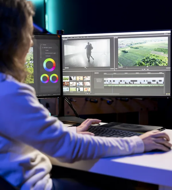 Video editor reviewing footage and scene thumbnails on a dual-monitor editing workstation