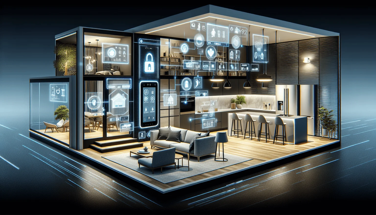  This image showcases a futuristic smart home concept, seamlessly blending cutting-edge technology with modern interior design. The interior features an open-plan living space with a sleek kitchen, contemporary furnishings, and well-lit areas designed for comfort and efficiency. The room is surrounded by transparent walls, emphasizing a connection between indoor and outdoor spaces.  The overlay of digital icons and holographic projections suggests the integration of VR in real estate, where immersive experiences redefine the way properties are presented and explored. These icons represent various smart home functionalities, such as security systems, climate control, lighting automation, and energy efficiency, all managed through an intuitive interface. The depiction of a smartphone controlling the home highlights how technology simplifies everyday life.  The use of VR in real estate offers prospective buyers and renters an interactive tour of homes like this without being physically present. From navigating the property to exploring its smart features, VR technology enhances decision-making by providing an immersive and detailed visualization of the space. This approach is revolutionizing the real estate market, making it more accessible and innovative. Whether it's highlighting design details or showcasing the potential of smart home technology, VR in real estate is reshaping how properties are marketed and experienced.