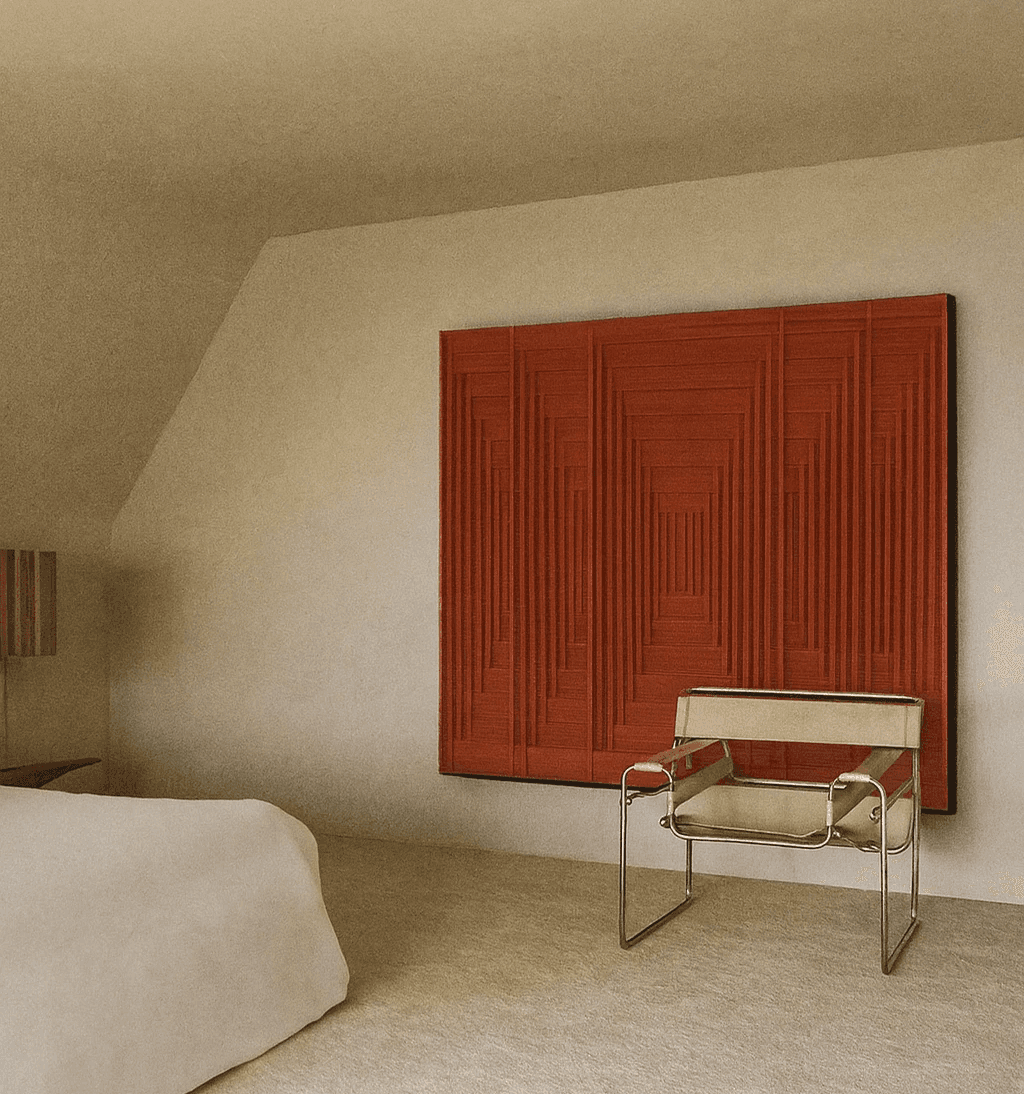 A scene of a table filled with swatch books overlooking a shelf filled with ceramic vases