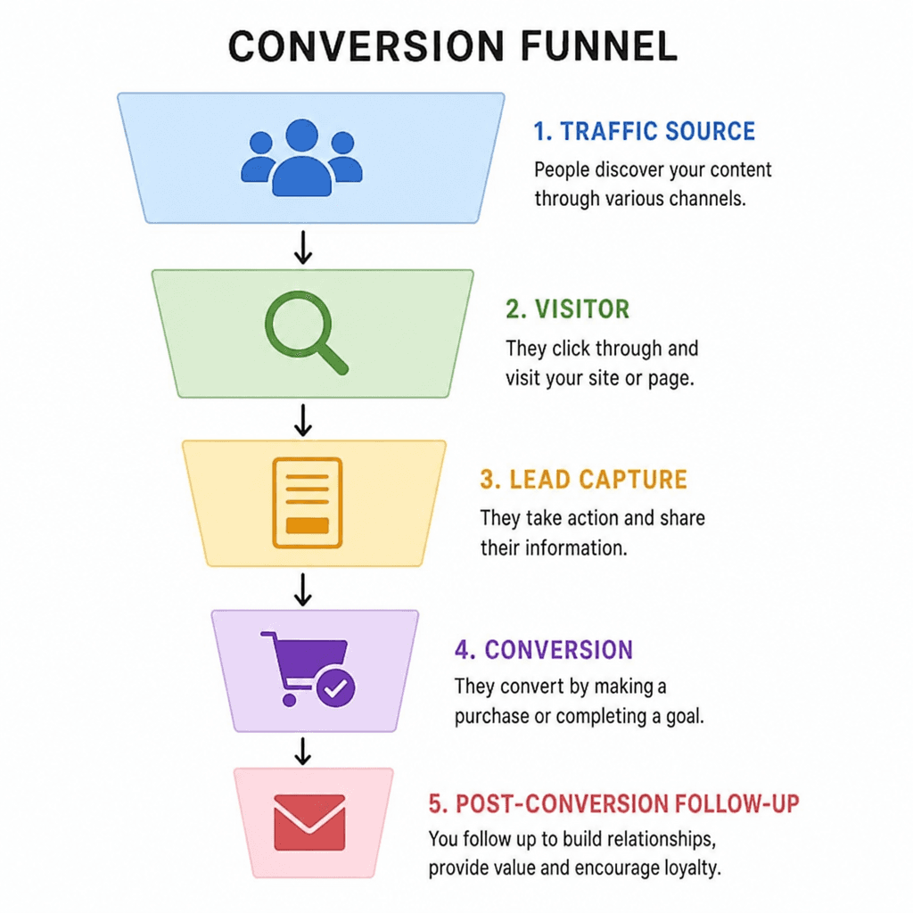 Diagram of a simple conversion funnel from traffic source to post-conversion follow-up