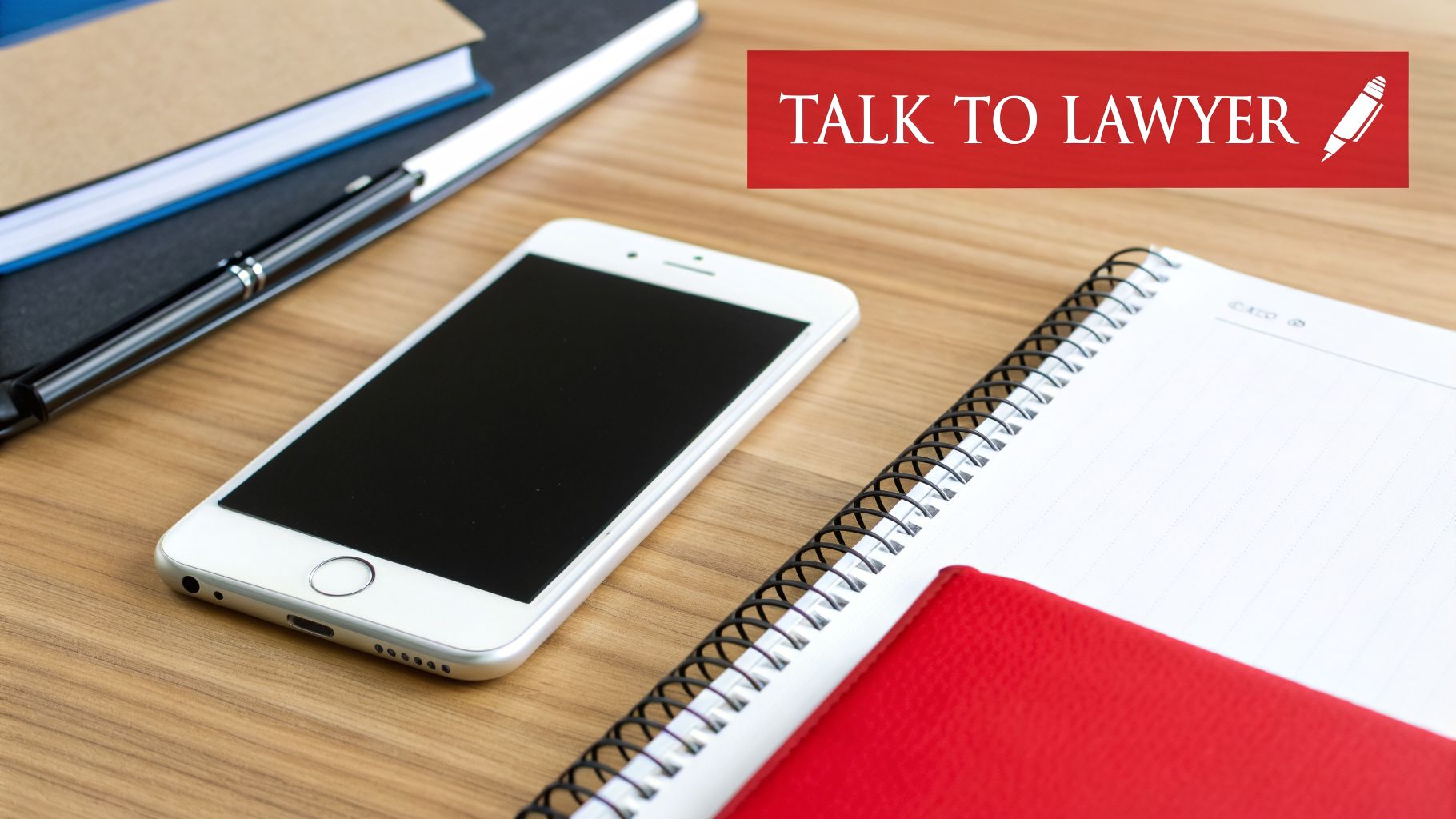 A wooden desk with a white smartphone, pen, and notebooks, featuring a 'TALK TO LAWYER' banner.