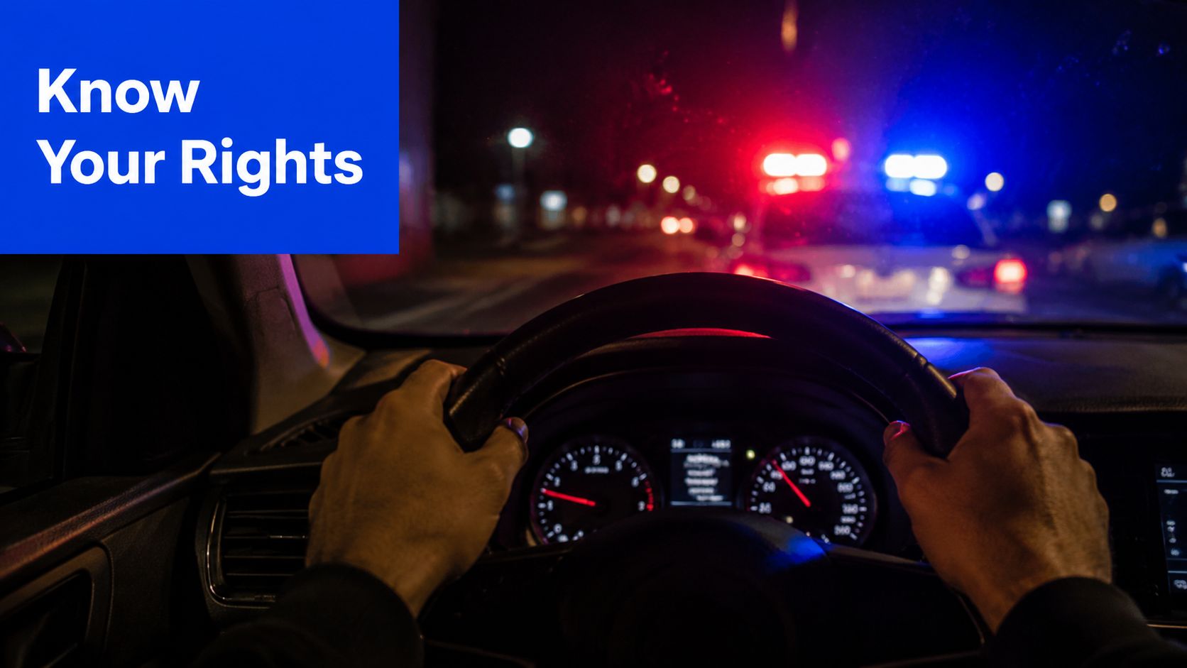 A driver holding the steering wheel at night while a police car with flashing lights approaches.