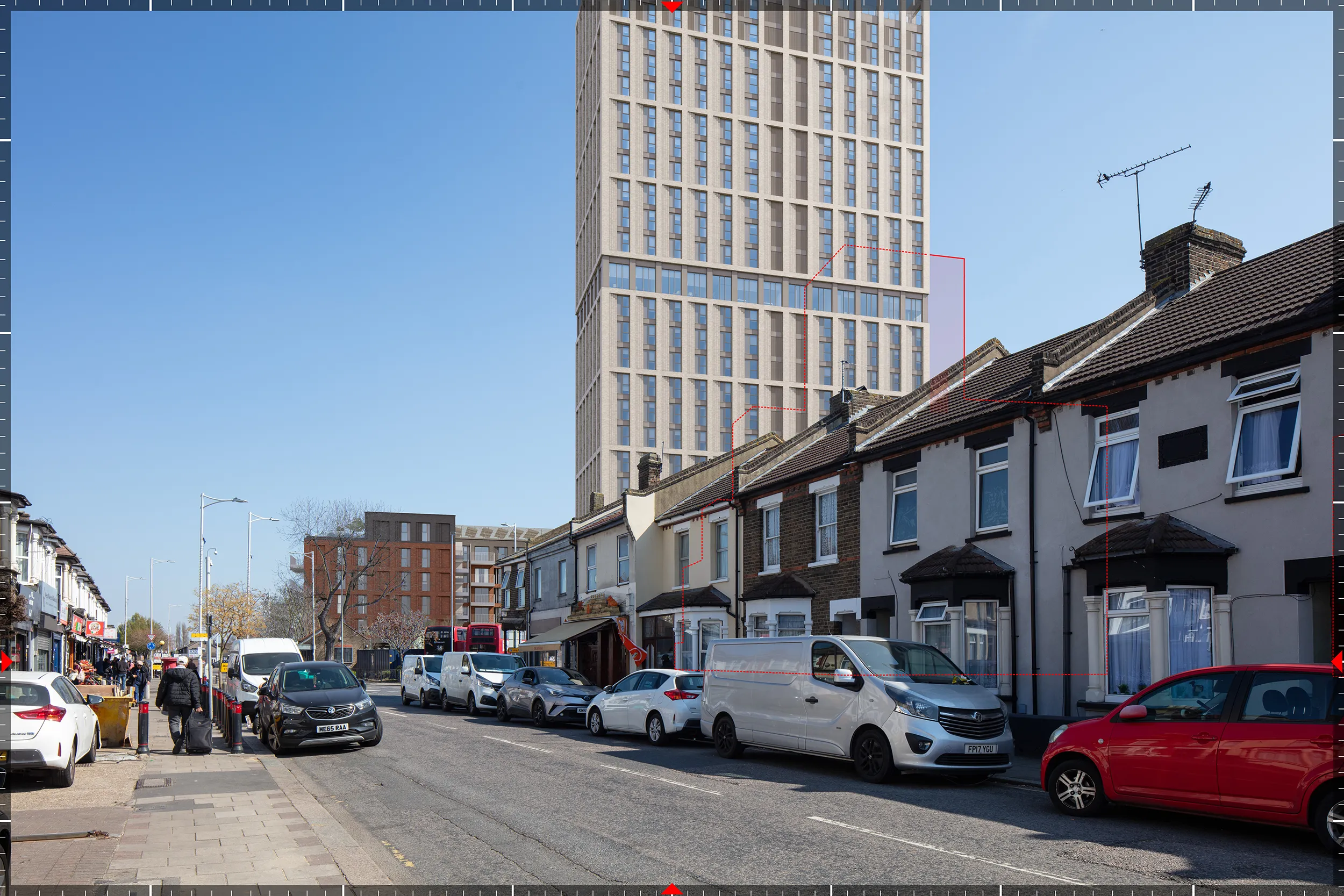 AVR3 planning visualisation of the Former Car Park Site redevelopment viewed from Ley Street (west).