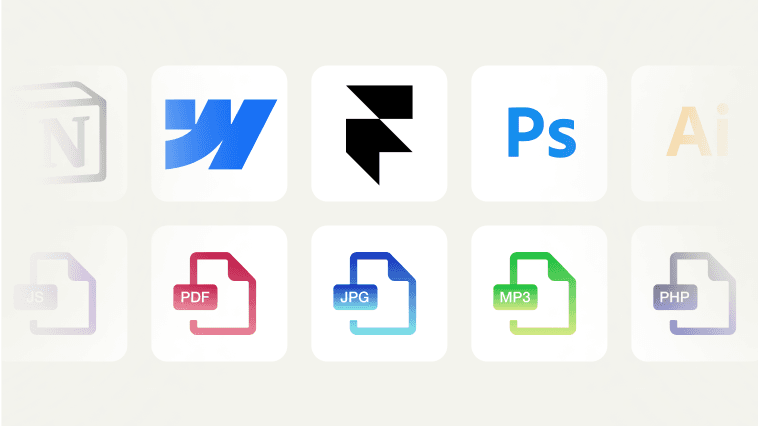 A grid of various professional software and platform icons, including Notion, WordPress, Figma, Adobe Photoshop, and others.