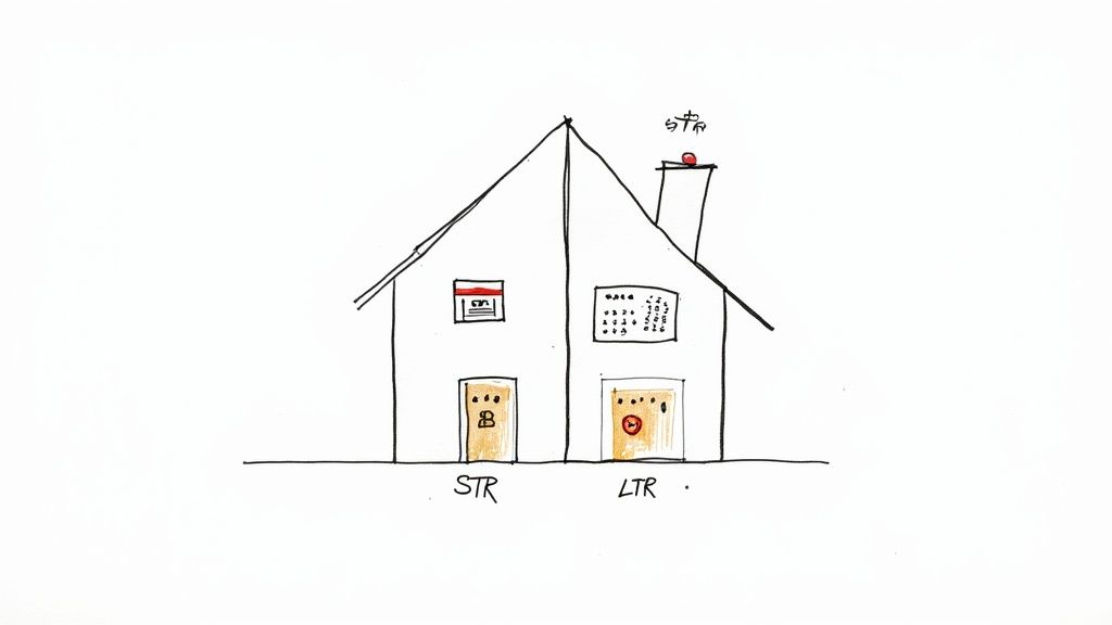 A hand-drawn house divided, illustrating the differences between Short Term Rental (STR) and Long Term Rental (LTR) options.