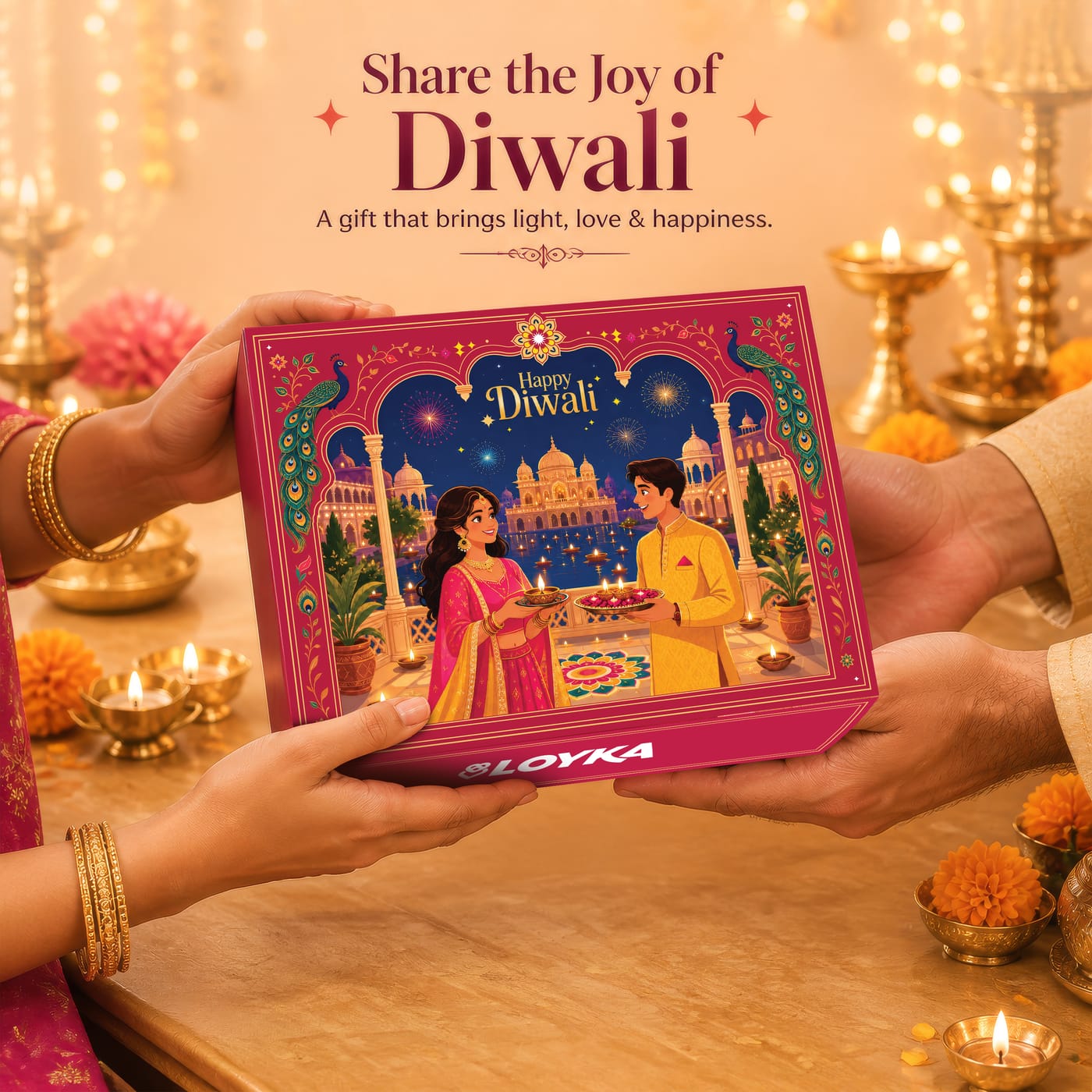 Diwali gift box surrounded by diyas and marigolds