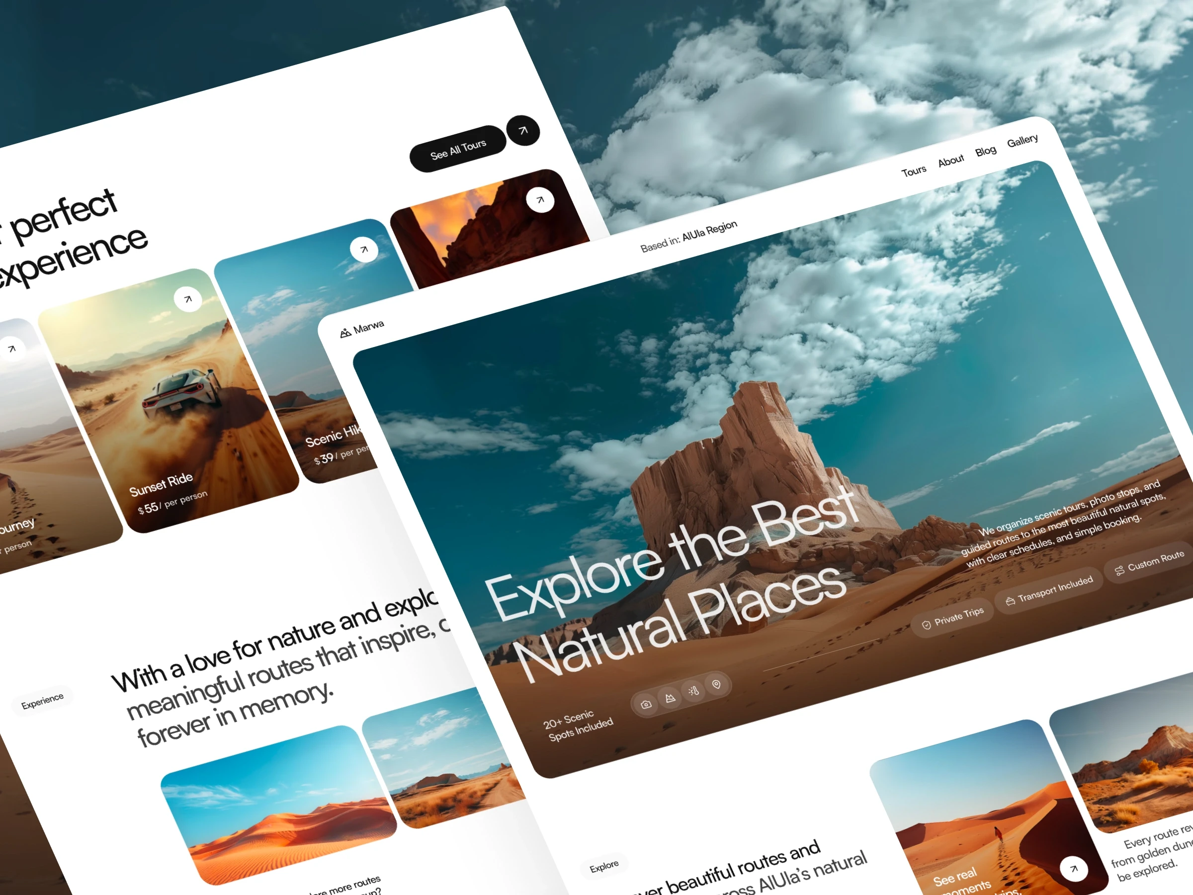 Marwa — desert travel website template in Framer for tours and nature experiences