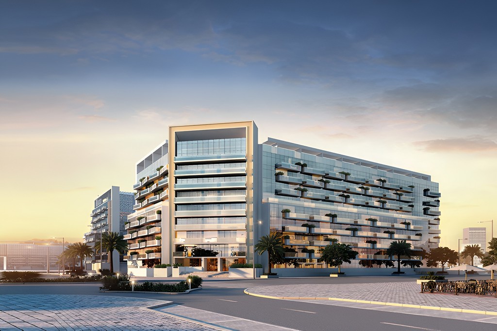 Rendering of the Azizi Mirage office building in Dubai, showcasing its modern architecture and design features.
