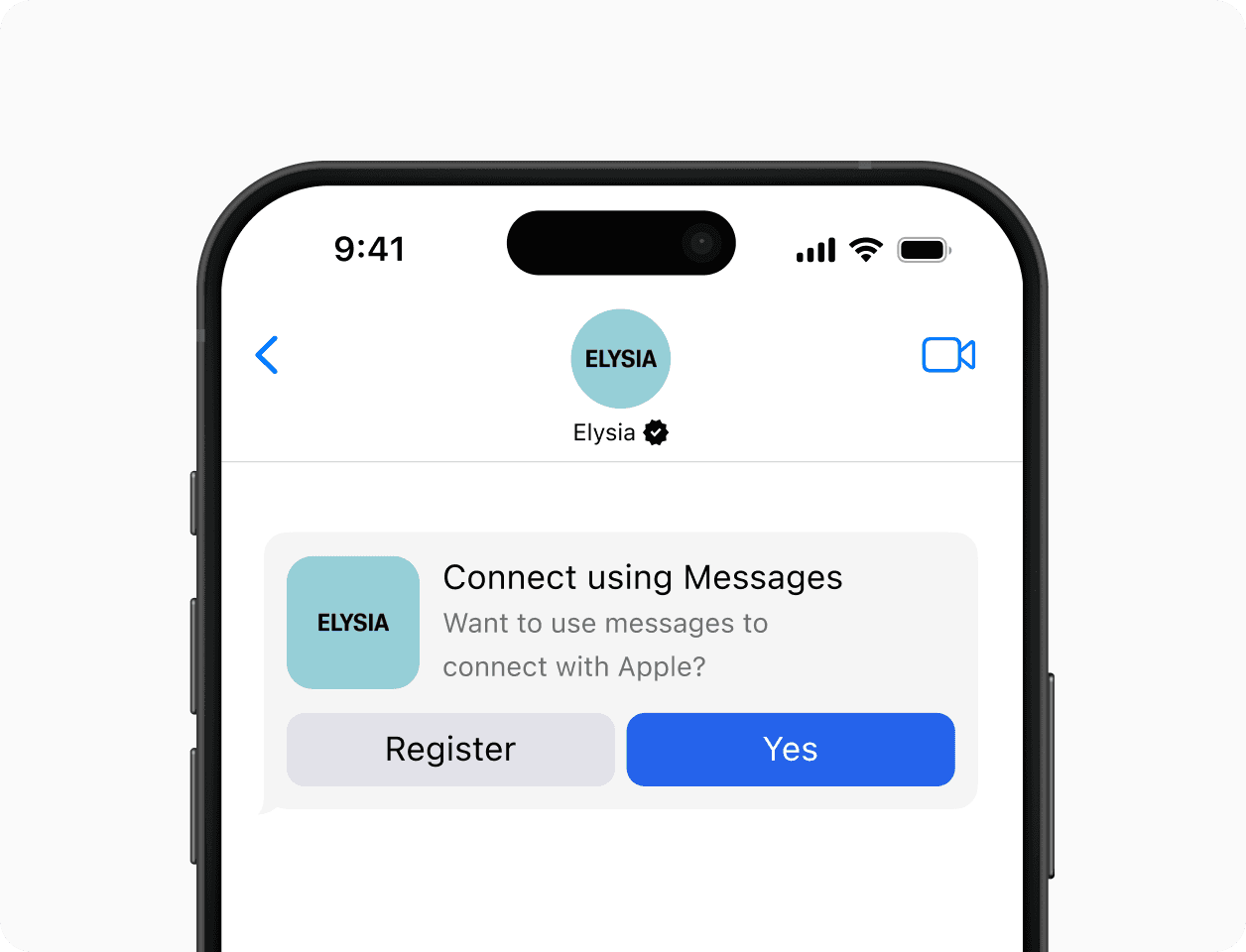 Smartphone displaying a chat interface with options to register or connect using Apple Messages for Business.