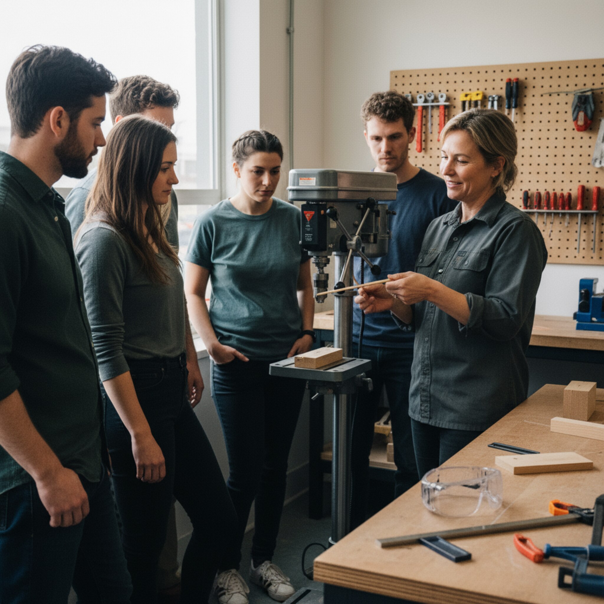 Eine kleine Gruppe steht um eine Standbohrmaschine, ein Coach zeigt den richtigen Abstand der Finger. Auf dem Tisch liegen markierte Werkstücke bereit. Klare Linien, reflektierte Metallflächen und ruhige Bewegungen prägen den Moment. Die Szene vermittelt Sicherheit, Geduld und Präzision. Gutes Licht sorgt für Übersicht.