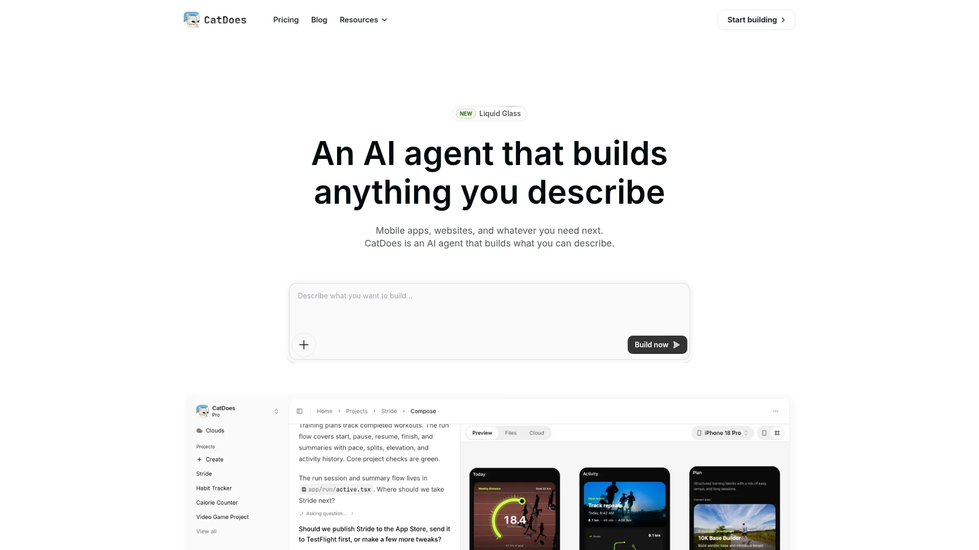 CatDoes homepage with a prompt box for describing the app or website you want to build