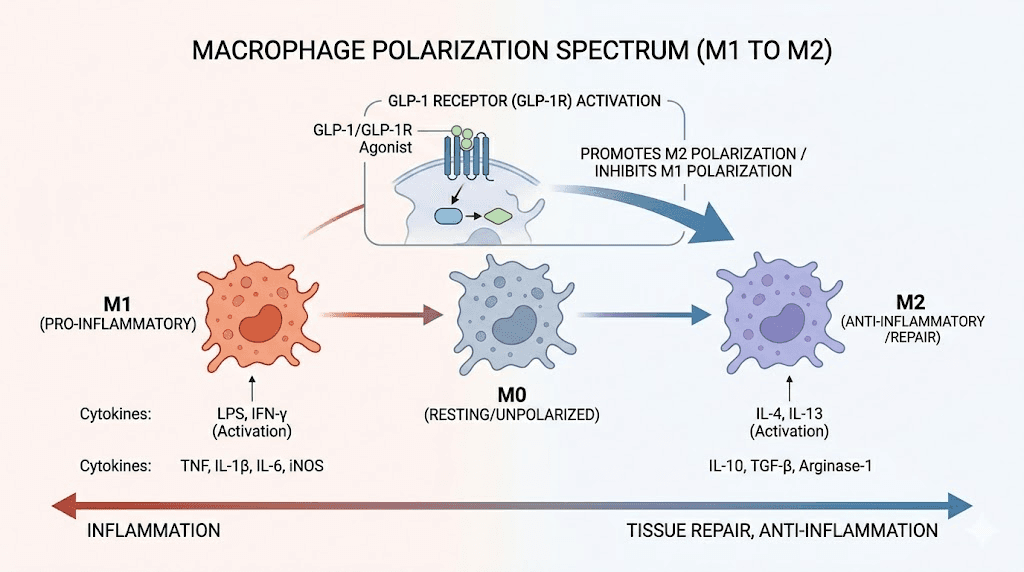 Macrophage M1 to M2 polarization with semaglutide GLP-1 receptor activation