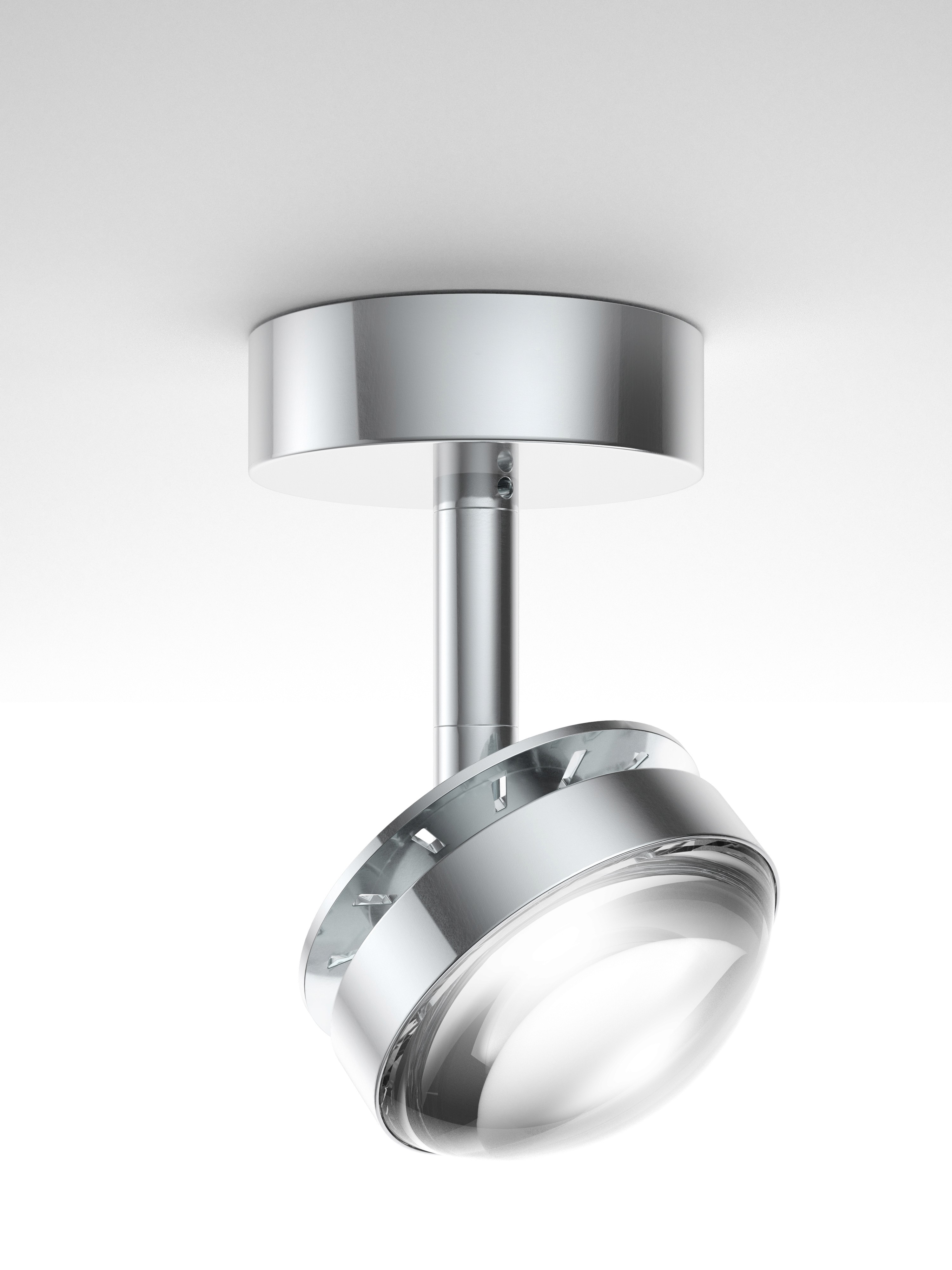 Visualizzazione 3d di faretto artemide cromato montato su soffito bianco