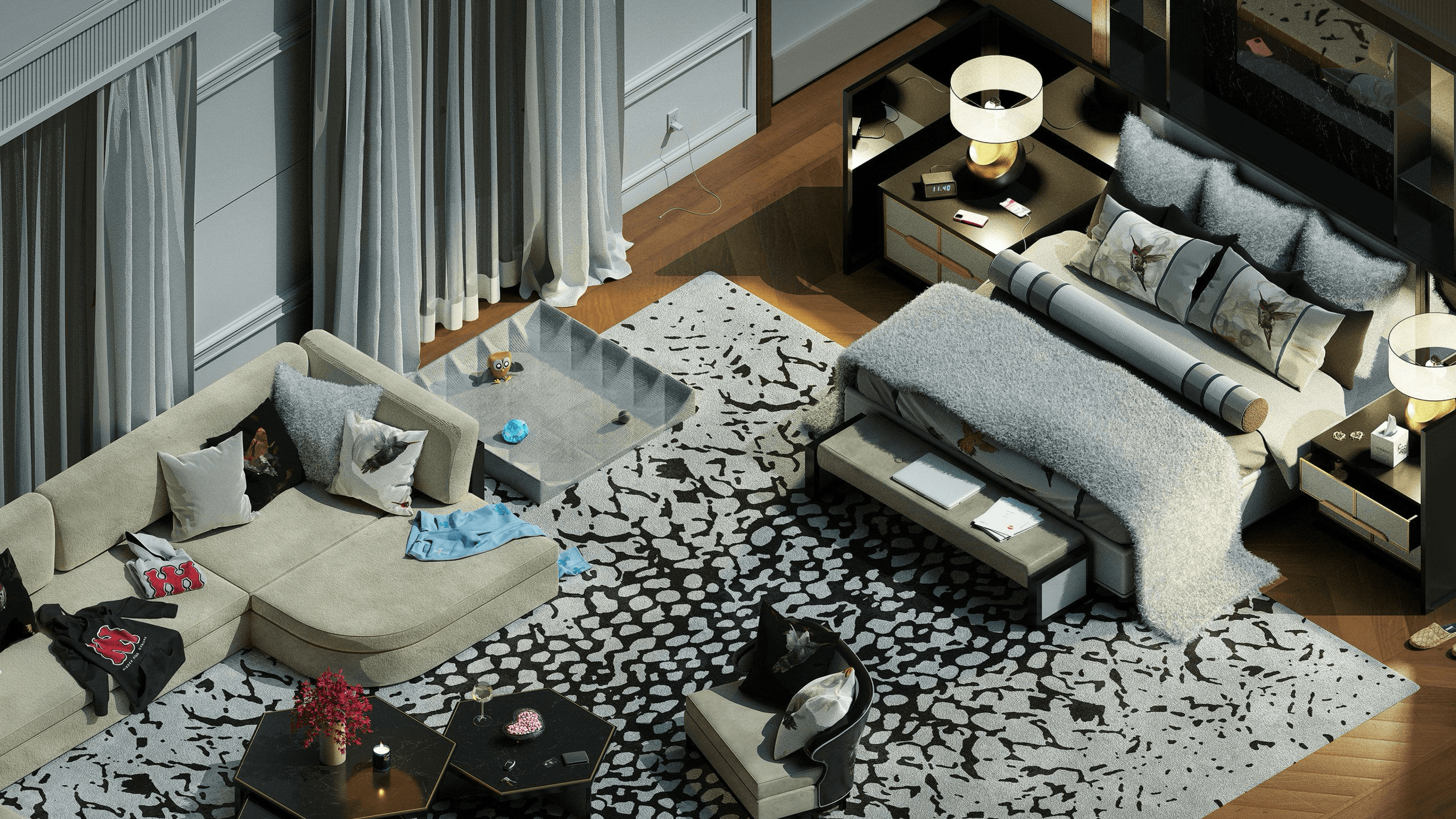 Drake Related interactive room shows a bedroom and lounge with furniture, rugs, clothing, and bedside tables.