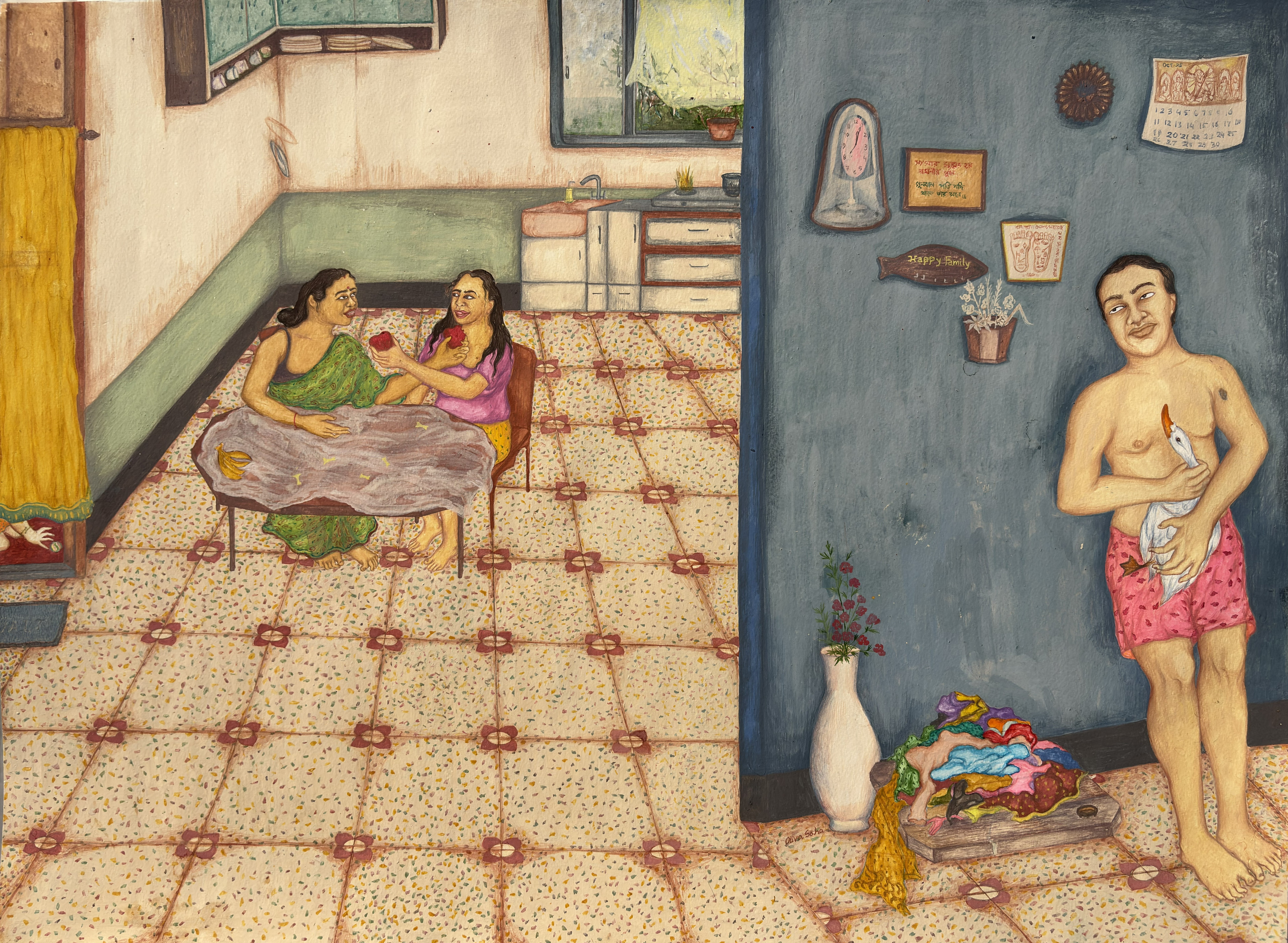 herd of sheep on road painting